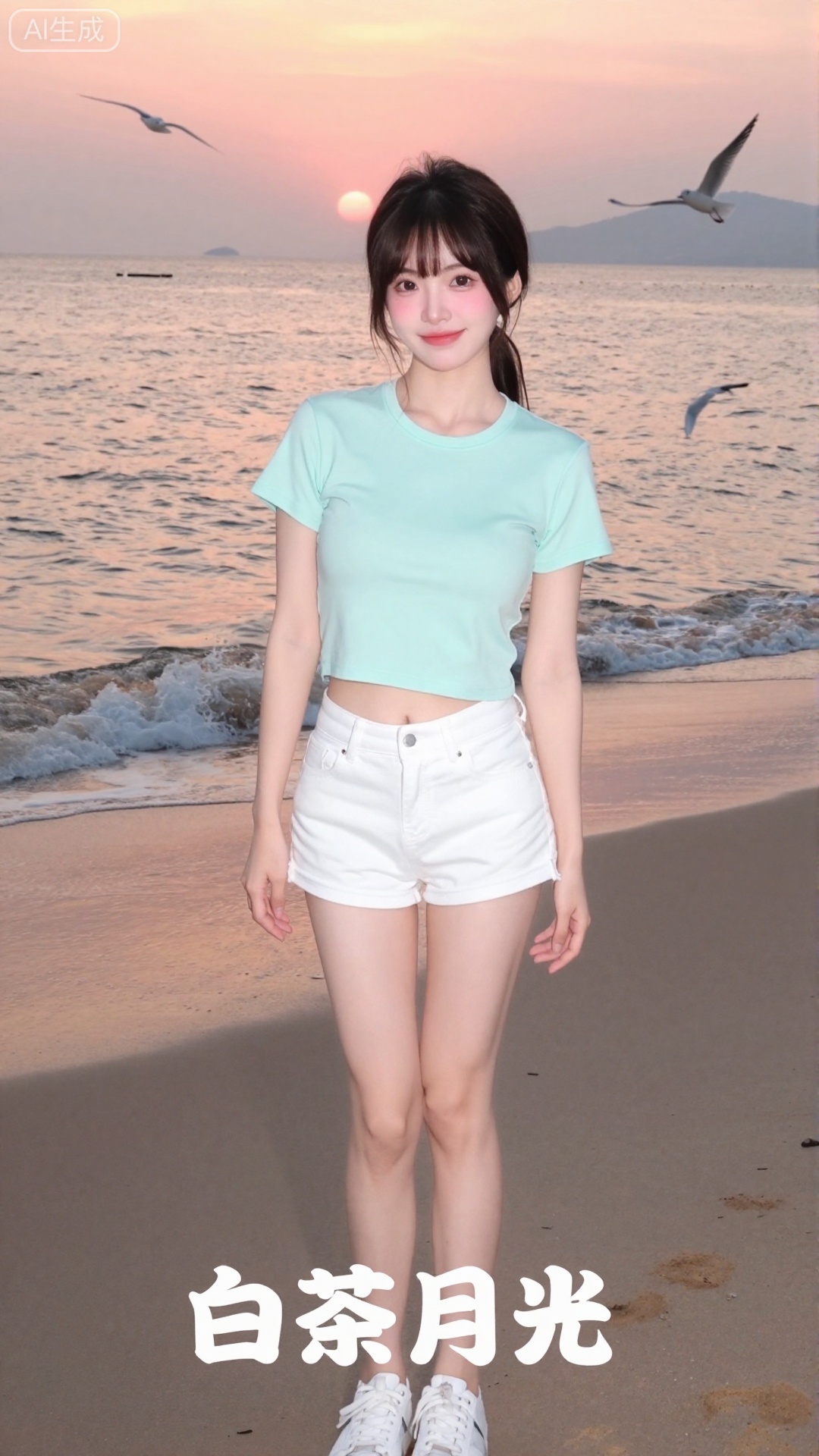 白茶月光清纯网红美女,现代海边风格,20岁左右氧气系少女,八字刘海+低马尾,碎发自然垂落脸颊,妆容清透裸妆（鼻尖淡淡腮红+豆沙色唇泥）,表情温柔浅笑,身着薄荷绿短款T恤+白色高腰牛仔短裤+小白鞋,赤脚踩在细软的沙滩上,身后是日落时分的橘粉色海面,海浪轻拍脚踝,远处有白色海鸥飞过,光线是落日黄金柔光,带轻微胶片颗粒感,画面底部居中嵌入「白茶月光」四个圆润楷书字体（颜色为奶白渐变,边缘带淡粉描边）,构图开阔,色彩柔和治愈,网红旅拍质感,8K超清渲染