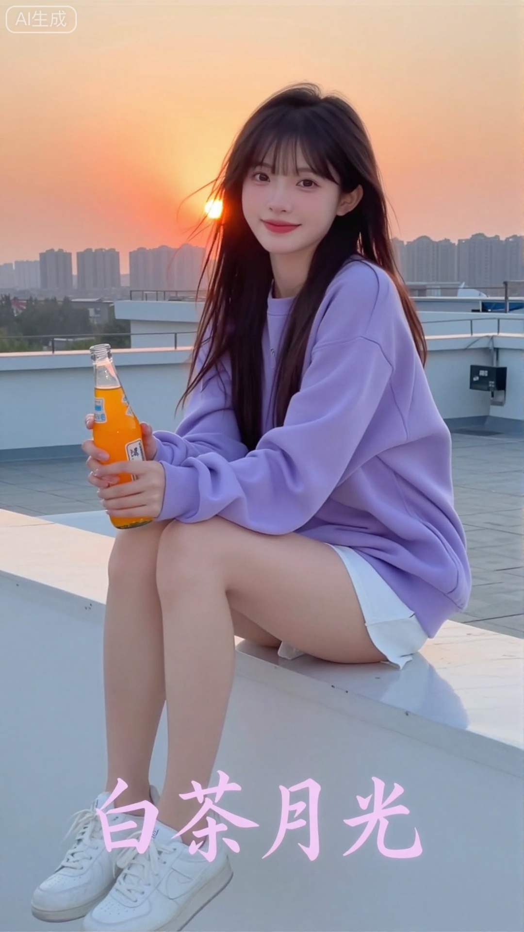白茶月光清纯网红美女,现代天台落日风格,21岁氧气系少女,中分长直发+碎发修饰脸型,妆容清透裸妆（豆沙色唇泥+鼻尖淡腮红）,表情温柔浅笑,身着浅紫色宽松卫衣+白色运动短裤+白色运动鞋,坐在天台的白色栏杆上,身后是橘粉色落日晚霞+远处的城市剪影,晚风拂动发丝,手里拿着一瓶橘子汽水,光线是落日黄金柔光,带轻微光晕朦胧感,画面底部居中嵌入「白茶月光」四个纤细行书（浅紫色渐变,与卫衣呼应）,构图氛围感拉满,色彩柔和浪漫,网红落日写真质感,8K超清渲染