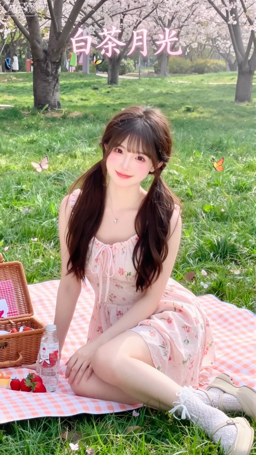 白茶月光清纯网红美女,现代公园野餐风格,20岁氧气系少女,空气刘海+双马尾（马尾蓬松垂在肩头）,碎发自然散落,妆容清透裸妆（鼻尖淡淡腮红+镜面唇釉）,表情清甜浅笑,身着浅粉色碎花连衣裙+白色蕾丝袜+米色玛丽珍鞋,坐在铺着格子餐布的草地上,身旁放着藤编野餐篮+新鲜草莓+气泡水,背景是春日公园的嫩绿草坪+樱花树+飞舞的蝴蝶,光线是清晨柔和柔光,带轻微水雾朦胧感,画面顶部居中嵌入「白茶月光」四个纤细行书字体（浅粉色渐变,与连衣裙呼应）,构图开阔清新,色彩柔和明亮,网红春日写真质感,8K超清渲染