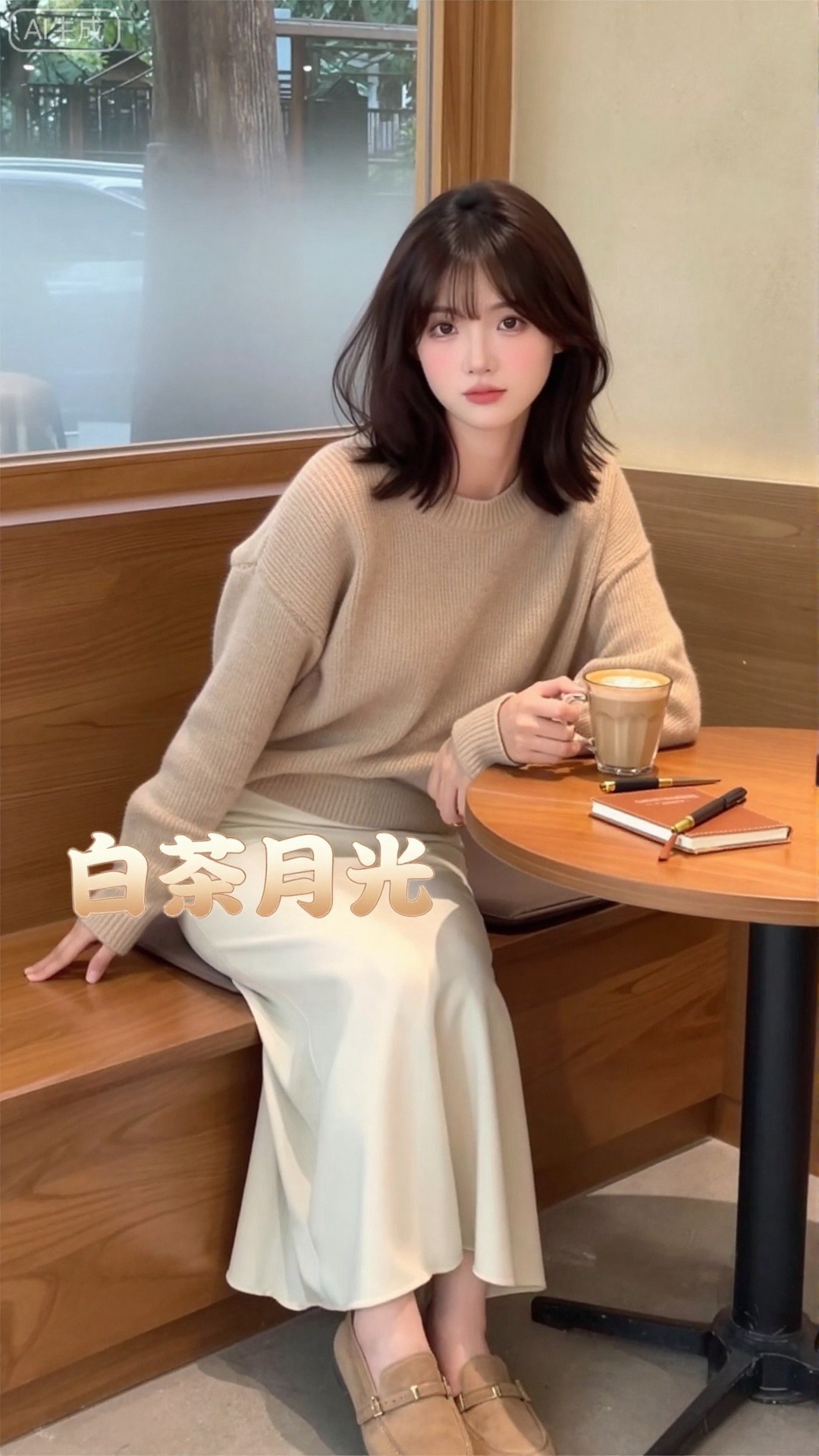 白茶月光清纯网红美女,现代咖啡馆风格,21岁淡颜系少女,法式八字刘海+齐肩锁骨发,发尾微卷带蓬松空气感,妆容伪素颜（淡粉腮红扫在苹果肌+裸色唇泥）,眼神慵懒柔和,身着燕麦色宽松毛衣+米白色直筒长裙+浅棕色乐福鞋,手肘撑在木质桌面上,手里握着一杯热拿铁,桌上放着复古笔记本+一支钢笔,背景是暖黄灯光的咖啡馆角落+玻璃窗上的薄雾,光线是室内柔和暖光,带轻微胶片复古感,画面左下角嵌入「白茶月光」四个温柔楷体字体（奶咖色渐变,与毛衣配色呼应）,构图偏右,色彩低饱和治愈,网红探店写真质感,8K超清渲染版本5（公园野餐感）