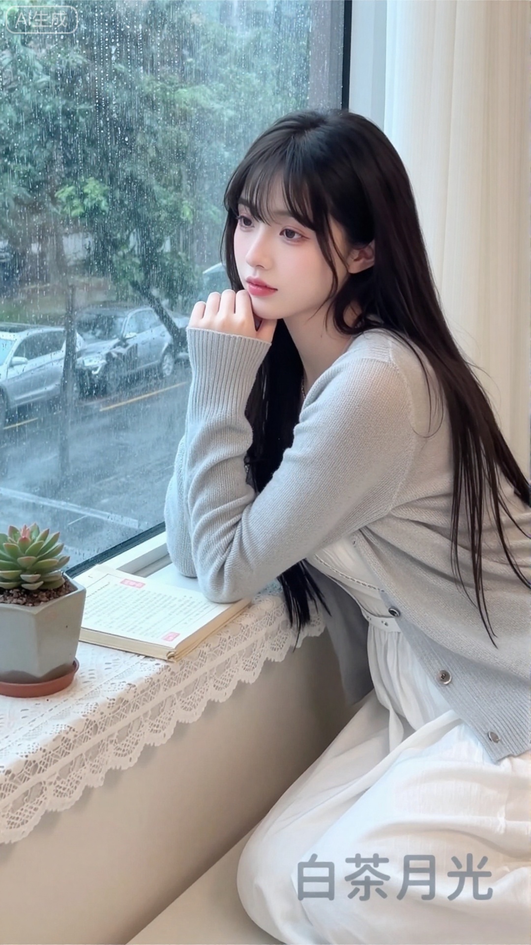 白茶月光清纯网红美女,现代雨天窗台风格,21岁清冷少女,中分长直发+碎发修饰脸型,妆容淡到几乎看不见（仅提亮眼唇）,身着浅灰色针织开衫+白色连衣裙,坐在铺满蕾丝的窗台边,手托下巴看向窗外的雨景,窗台上放着一盆多肉+一本旧书,光线是阴天柔和冷光,带轻微水雾朦胧感,画面右下角嵌入「白茶月光」四个简约宋体（浅灰色渐变,与开衫呼应）,构图清冷易碎,色彩低饱和高级,网红情绪写真质感,8K超清渲染