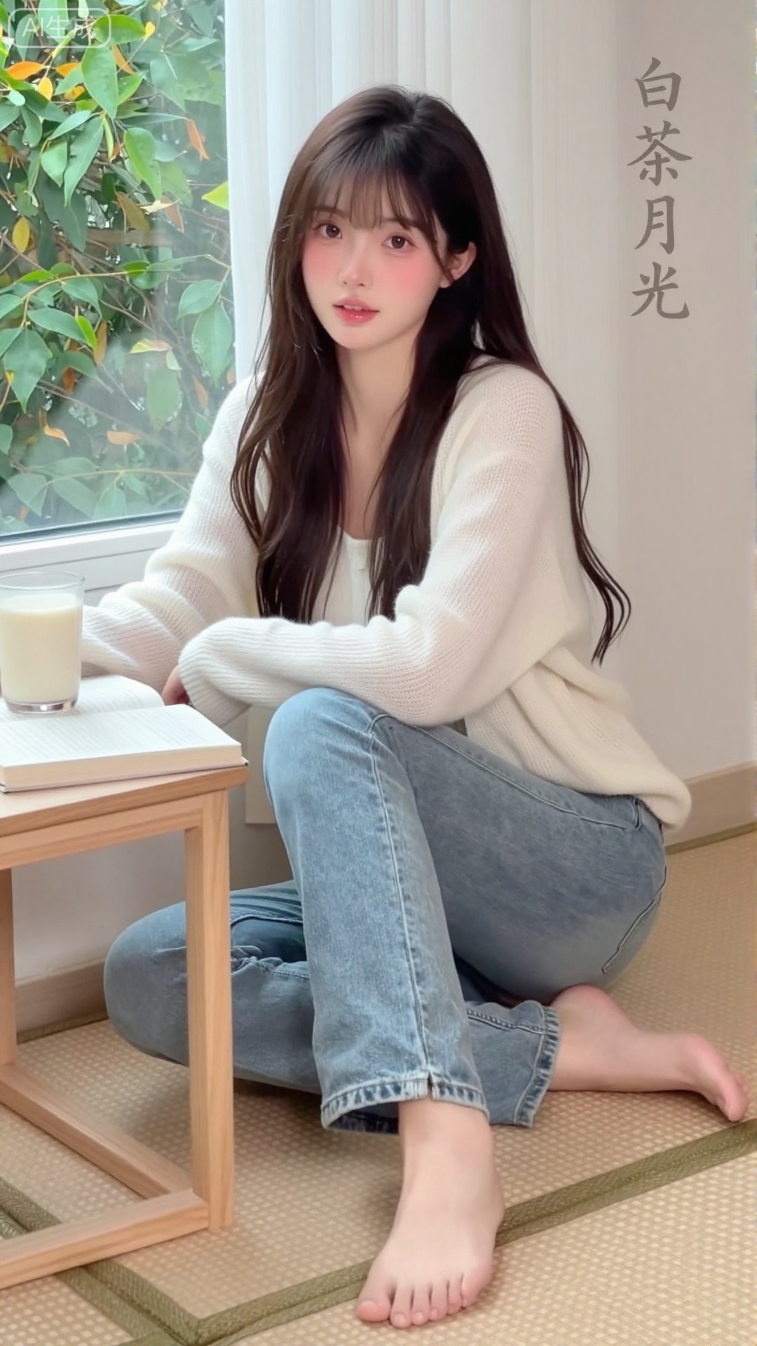 白茶月光清纯网红美女,现代日常风格,20岁左右淡颜系少女,空气刘海+自然长卷发,发尾蓬松微卷,妆容伪素颜感（粉杏色腮红+镜面裸唇釉）,眼神清澈懵懂,身着奶白色宽松针织衫+浅蓝直筒牛仔裤,赤脚踩在米色地毯上,倚靠在洒满阳光的窗边书桌旁,桌上放着一本翻开的书+一杯热牛奶,背景是干净的白色窗帘+窗外嫩绿的梧桐叶,光线是午后柔和漫射光,带轻微水雾朦胧感,画面右上角嵌入「白茶月光」四个纤细行书字体（颜色为浅灰渐变,与背景融合）,构图居中偏左,色彩低饱和柔和,网红写真质感,8K超清渲染版本2（海边日落感）