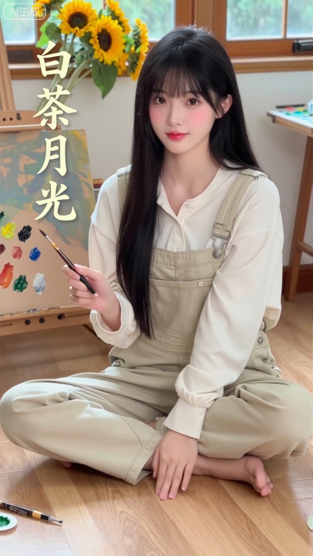 白茶月光清纯网红美女,现代画室风格,20岁淡颜少女,八字刘海+黑长直,发丝柔顺垂落肩头,妆容伪素颜（鼻尖淡粉腮红+镜面裸唇釉）,身着米白色宽松衬衫+浅卡其色背带裤,赤脚踩在画室木地板上,手里握着一支画笔,身后是摆满颜料的画板+窗台的向日葵,光线是午后柔和漫射光,带轻微油画质感,画面左侧竖排嵌入「白茶月光」四个纤细楷体（米黄色渐变,与衬衫呼应）,构图文艺安静,色彩低饱和治愈,网红写真质感,8K超清渲染