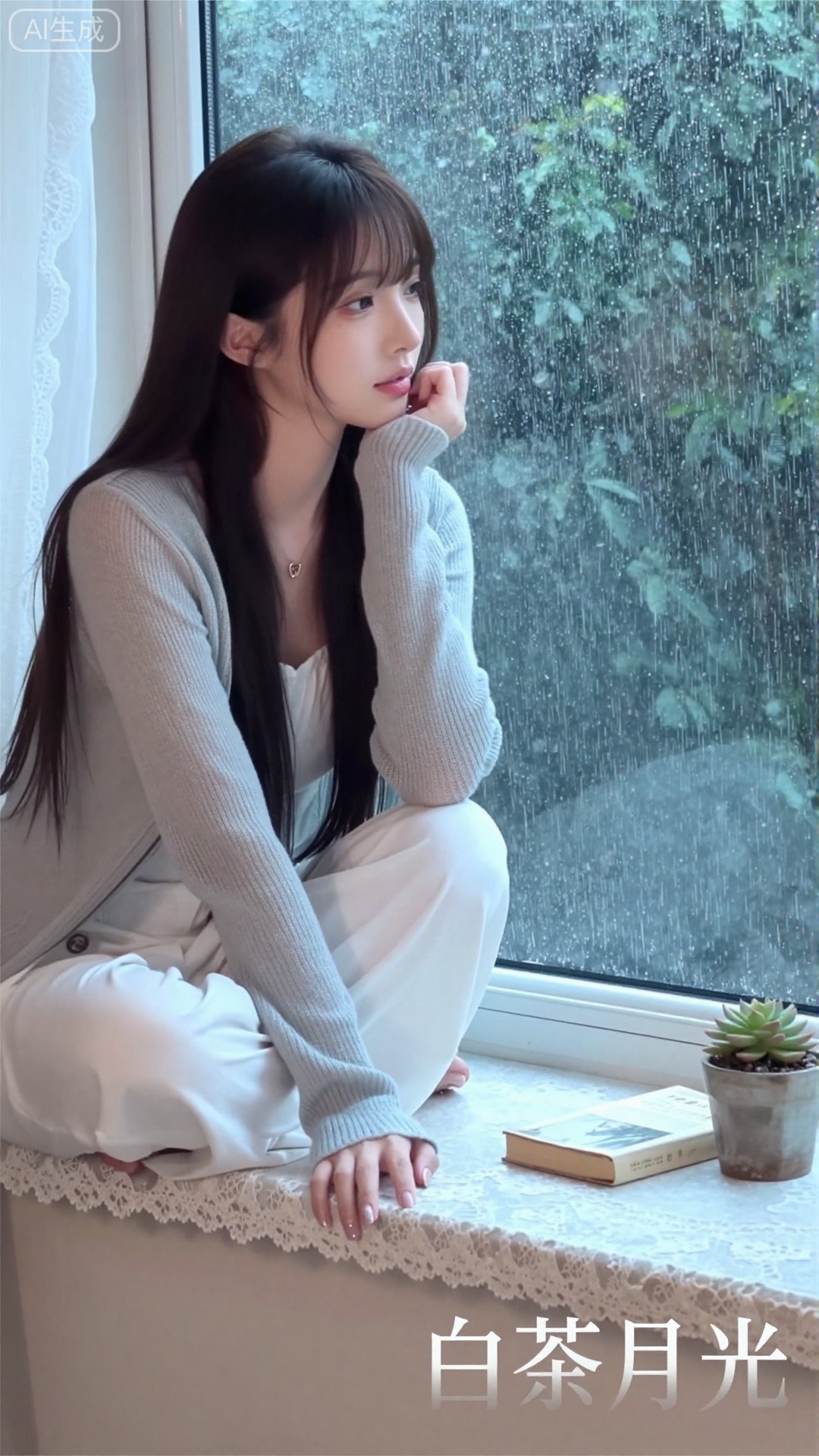 白茶月光清纯网红美女,现代雨天窗台风格,21岁清冷少女,中分长直发+碎发修饰脸型,妆容淡到几乎看不见（仅提亮眼唇）,身着浅灰色针织开衫+白色连衣裙,坐在铺满蕾丝的窗台边,手托下巴看向窗外的雨景,窗台上放着一盆多肉+一本旧书,光线是阴天柔和冷光,带轻微水雾朦胧感,画面右下角嵌入「白茶月光」四个简约宋体（浅灰色渐变,与开衫呼应）,构图清冷易碎,色彩低饱和高级,网红情绪写真质感,8K超清渲染