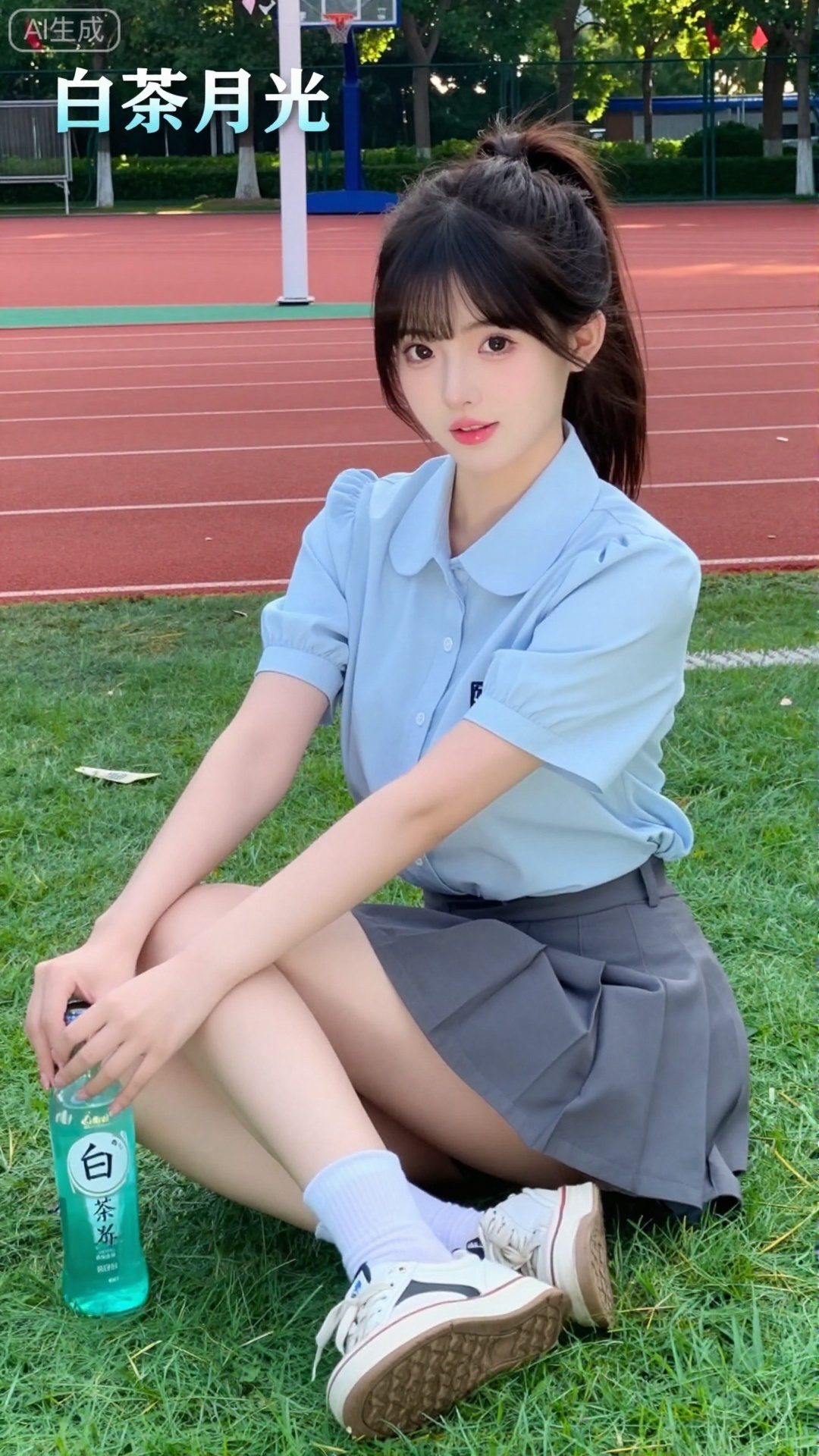 白茶月光清纯网红美女,现代校园风格,19岁左右初恋感少女,齐刘海+高马尾,颅顶蓬松显发量,妆容天生好气色（无眼影+浅粉唇釉）,眼神灵动,身着浅蓝宽松校服衬衫+灰色百褶裙+白色中筒袜+帆布鞋,坐在操场的绿色草坪上,身后是红色塑胶跑道+白色篮球架,阳光透过梧桐叶洒下斑驳光斑,手里拿着一瓶冰镇汽水,画面左上角嵌入「白茶月光」四个简约宋体字体（颜色为浅蓝渐变,与校服呼应）,构图清新活泼,色彩明亮不刺眼,网红校园写真质感,8K超清渲染