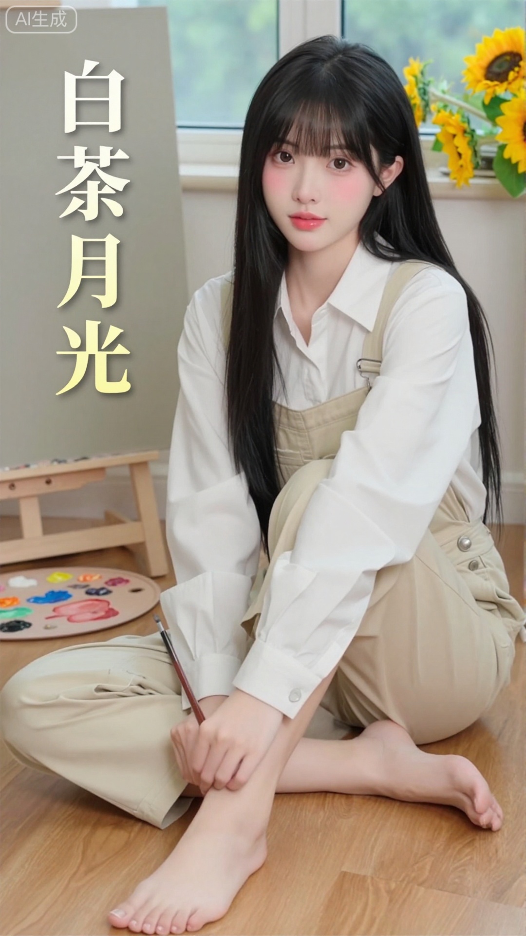 白茶月光清纯网红美女,现代画室风格,20岁淡颜少女,八字刘海+黑长直,发丝柔顺垂落肩头,妆容伪素颜（鼻尖淡粉腮红+镜面裸唇釉）,身着米白色宽松衬衫+浅卡其色背带裤,赤脚踩在画室木地板上,手里握着一支画笔,身后是摆满颜料的画板+窗台的向日葵,光线是午后柔和漫射光,带轻微油画质感,画面左侧竖排嵌入「白茶月光」四个纤细楷体（米黄色渐变,与衬衫呼应）,构图文艺安静,色彩低饱和治愈,网红写真质感,8K超清渲染