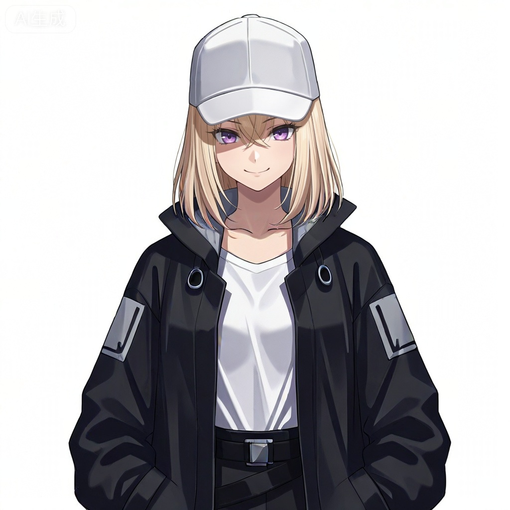 masterpiece, best quality,solo,white background,simple_background,Misumi Uika,cybersaki_style,blonde hair bangs,purple eyes,smile,medium hair,hair between eyes,white shirt,baseball cap,black coat,open coat,open clothes,jacket