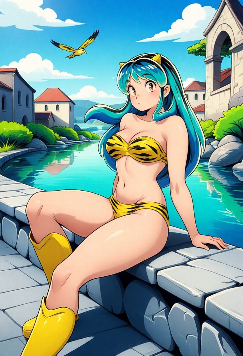 This vibrant digital illustration features 22 year old model,  she has large breasts,  a slender waist on Tensor.Art