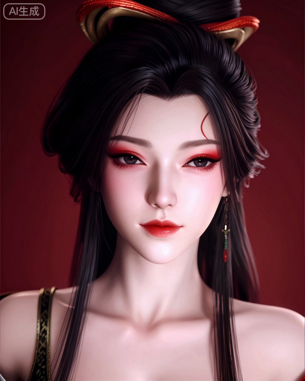 masterpiece,high quality,tall,game cg,highres,(soft light:1.2),(white_skin:0.6),(shiny_skin:0.6),(realistic:1.1),lvjing,
longjiaonan, 1girl, solo, red lips, portrait, black hair, makeup, long hair, closed mouth, hair ornament, looking at viewer, facial mark, border, black eyes