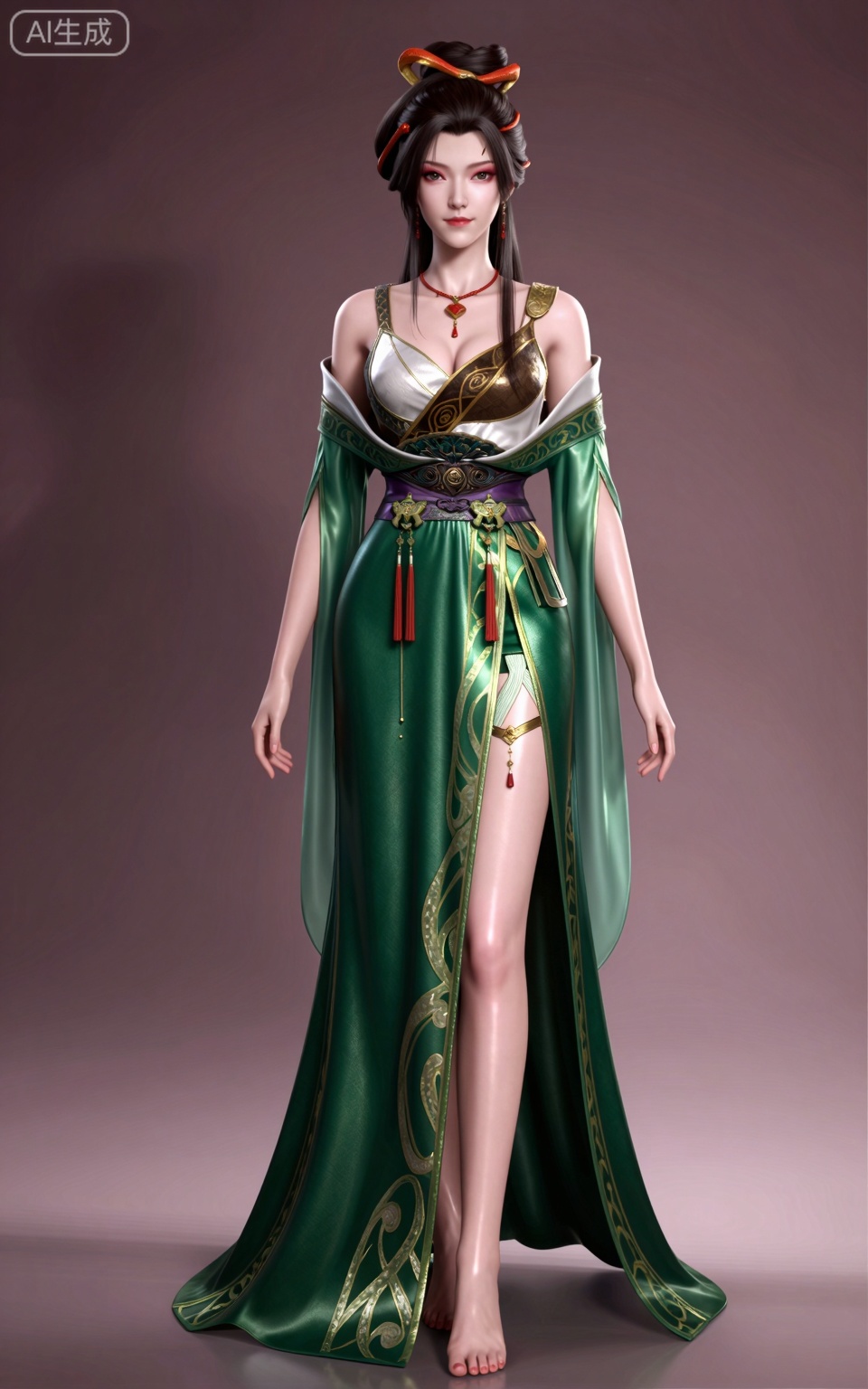masterpiece,high quality,tall,game cg,highres,(soft light:1.2),(white_skin:0.6),(shiny_skin:0.6),(realistic:1.1),lvjing,
longjiaonan, 1girl, solo, white background, full body, green dress, barefoot, jewelry, long hair, makeup,eyeshadow,red_lips_,necklace, dress, simple background, standing, black hair, hair ornament, looking at viewer, brown hair, chinese clothes, bare shoulders, closed mouth, ribbon