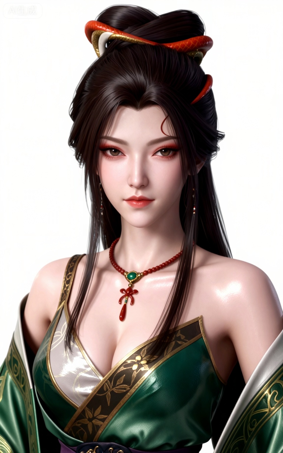 masterpiece,high quality,tall,game cg,highres,(soft light:1.2),(white_skin:0.6),(shiny_skin:0.6),(realistic:1.1),lvjing,
longjiaonan, 1girl, solo, breasts, looking at viewer, jewelry, long hair, cleavage, necklace, hair ornament, makeup,eyeshadow,red_lips_,white background, brown hair, realistic, black hair, simple background, closed mouth, green dress, bare shoulders