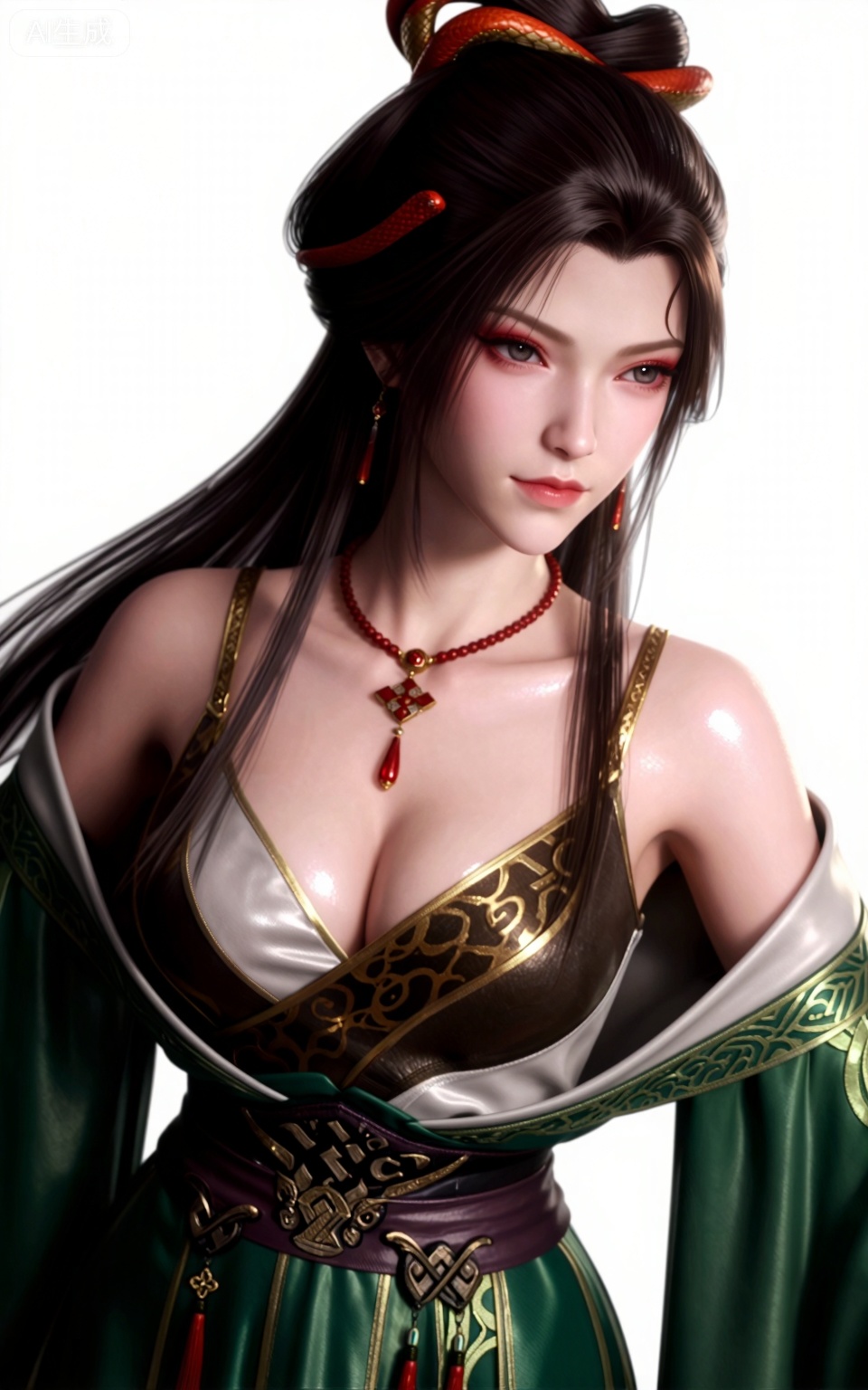masterpiece,high quality,tall,game cg,highres,(soft light:1.2),(white_skin:0.6),(shiny_skin:0.6),(realistic:1.1),lvjing,
longjiaonan, 1girl, solo, breasts, looking at viewer, jewelry, long hair, cleavage, necklace, hair ornament, white background, brown hair, realistic, black hair, simple background, closed mouth, green dress, bare shoulders