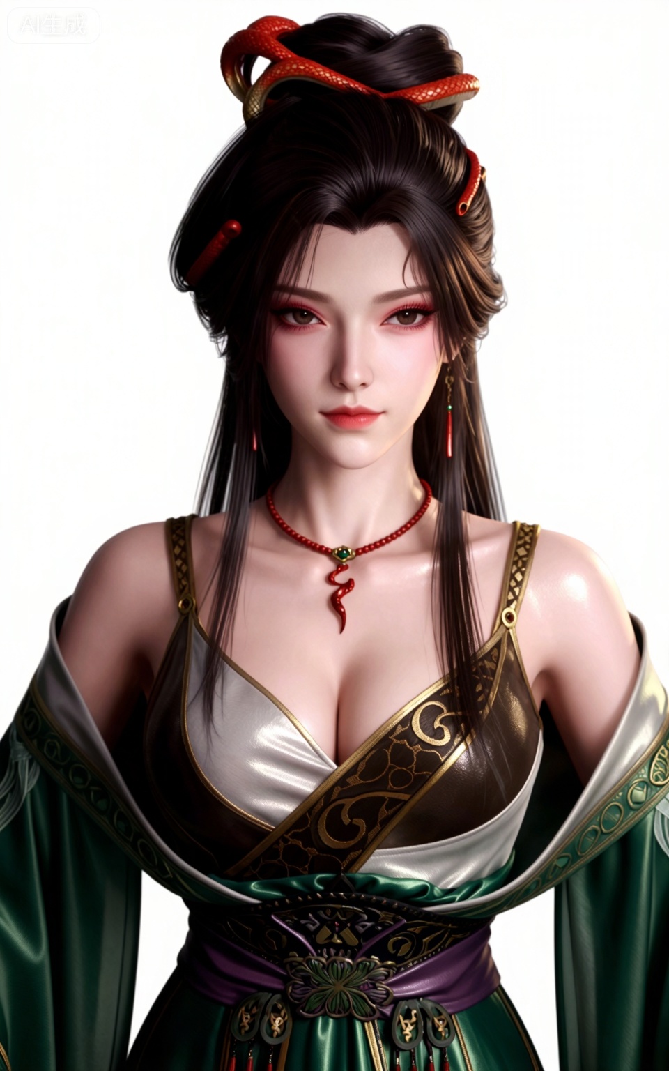 masterpiece,high quality,tall,game cg,highres,(soft light:1.2),(white_skin:0.6),(shiny_skin:0.6),(realistic:1.1),lvjing,
longjiaonan, 1girl, solo, breasts, looking at viewer, jewelry, long hair, cleavage, necklace, hair ornament, makeup,eyeshadow,red_lips_,white background, brown hair, realistic, black hair, simple background, closed mouth, green dress, bare shoulders
