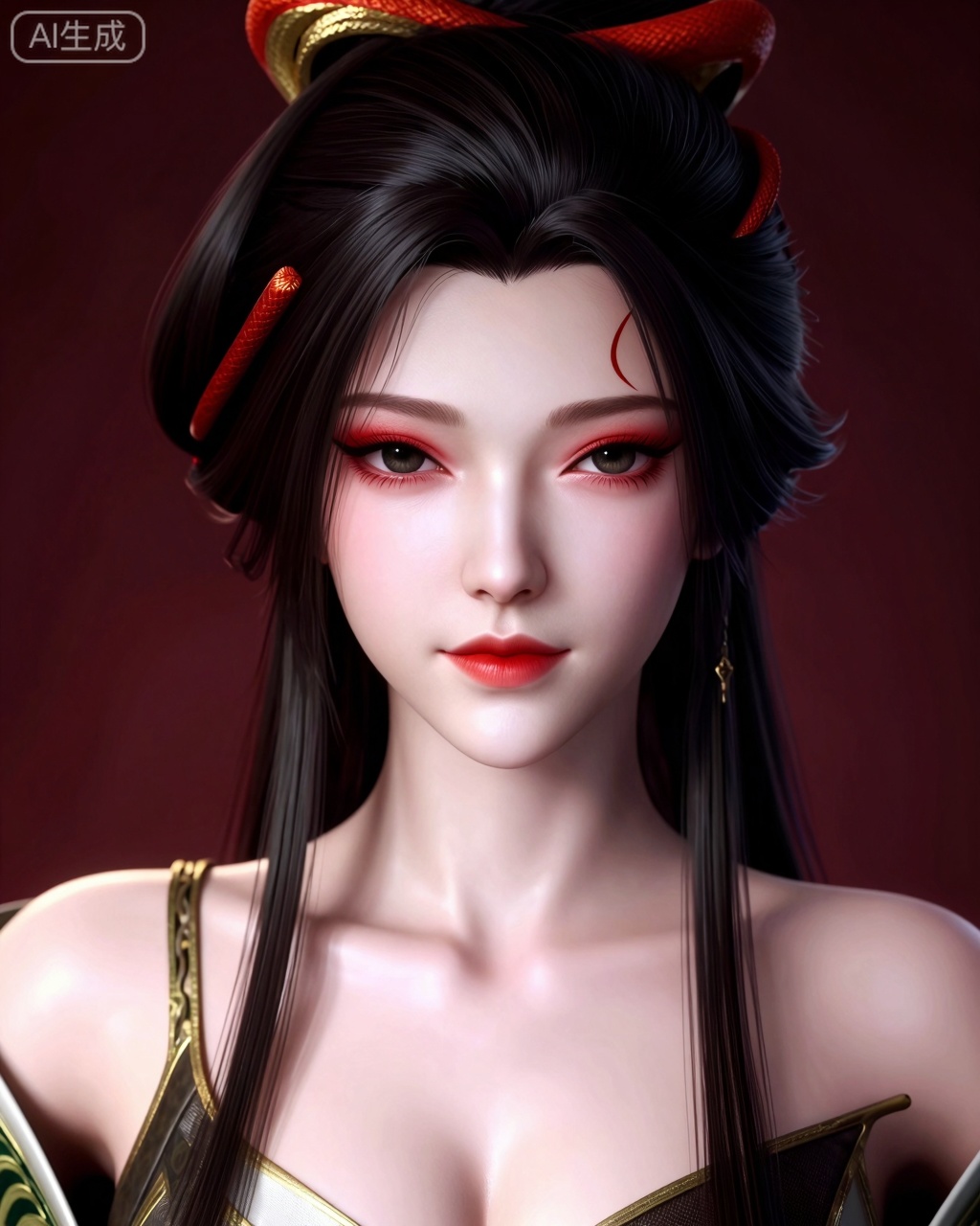 masterpiece,high quality,tall,game cg,highres,(soft light:1.2),(white_skin:0.6),(shiny_skin:0.6),(realistic:1.1),lvjing,
longjiaonan, 1girl, solo, red lips, portrait, black hair, makeup, long hair, closed mouth, hair ornament, looking at viewer, facial mark, border, black eyes