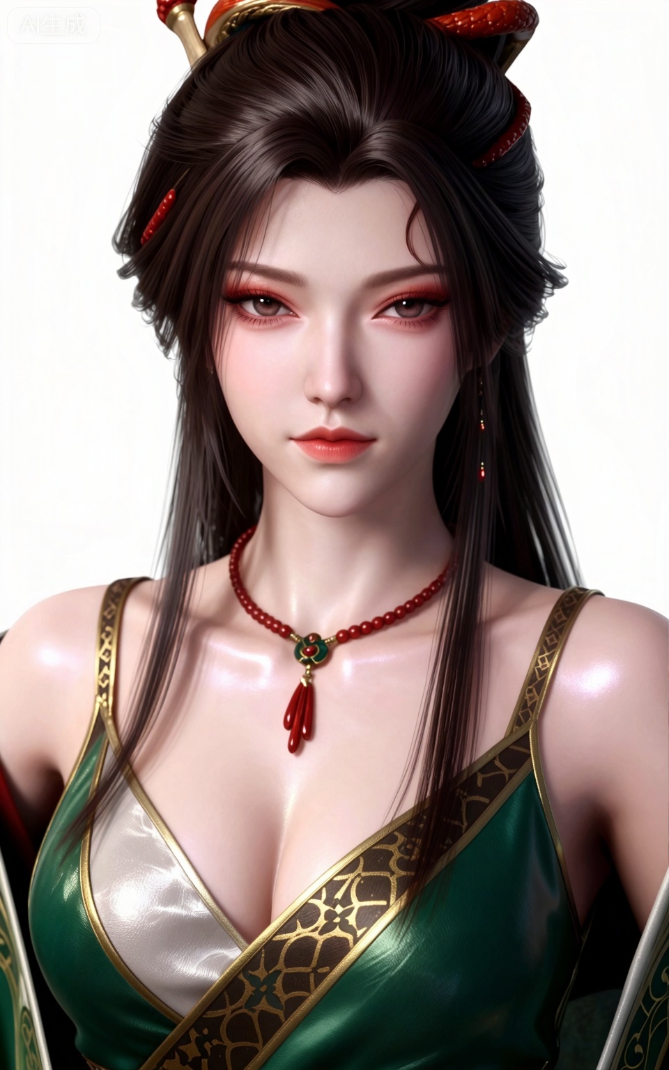 masterpiece,high quality,tall,game cg,highres,(soft light:1.2),(white_skin:0.6),(shiny_skin:0.6),(realistic:1.1),lvjing,
longjiaonan, 1girl, solo, breasts, looking at viewer, jewelry, long hair, cleavage, necklace, hair ornament, makeup,eyeshadow,red_lips_,white background, brown hair, realistic, black hair, simple background, closed mouth, green dress, bare shoulders