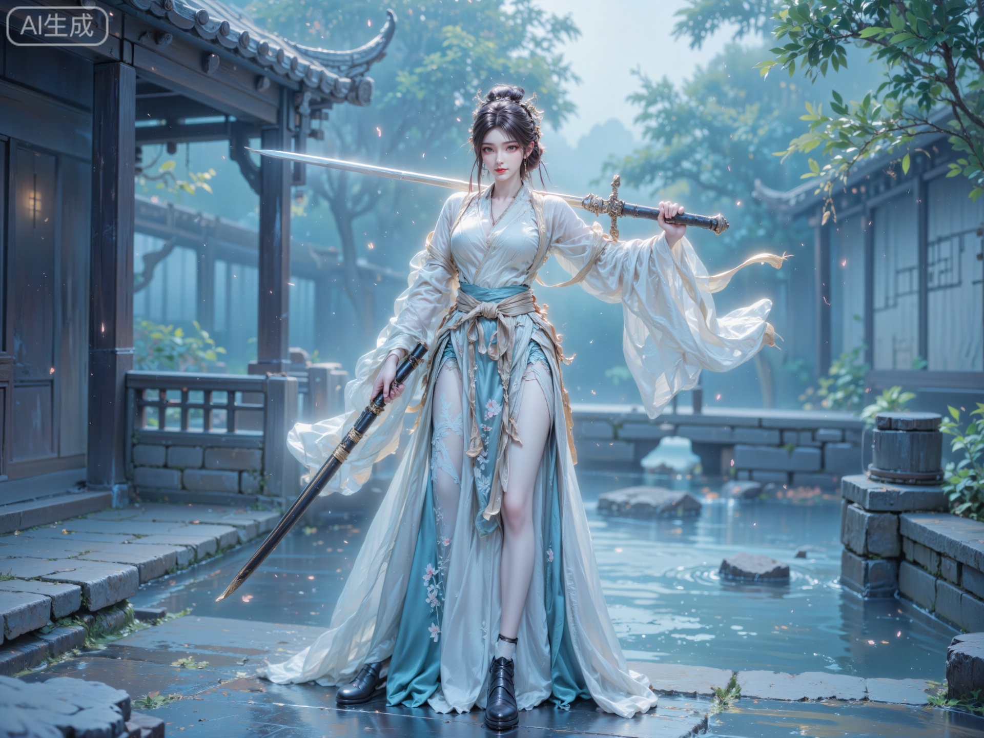 GCCA,Ink-wash Chinese style Eastern female swordsman, black hair coiled into a drooping bun (pinned with a white magnolia hairpin), wearing a moon-white patterned cross-collar tight outfit (narrow sleeves and fitted waist, light cyan bamboo patterns embroidered on the hem, covered with a layer of semi-transparent silver gauze cape), wearing black cloth soft boots; holding a plain bronze long sword (scabbard wrapped with light brown velvet rope, tied with beige linen sword tassel), standing on the stone bridge head of an ancient alley, raising the sword sideways in a blocking posture, with cold and calm eyebrows.
Background is a misty rain Jiangnan ancient alley: gray tiles and white walls are scattered, the water under the bridge ripples, willows by the bank flutter catkins, fine rain falls in the air, morning mist is wrapped in a light cyan 晕染感,the whole is a low-saturation color palette of light ink + moon white, brushstrokes with ink-wash smudge texture, 8K high-definition rendering