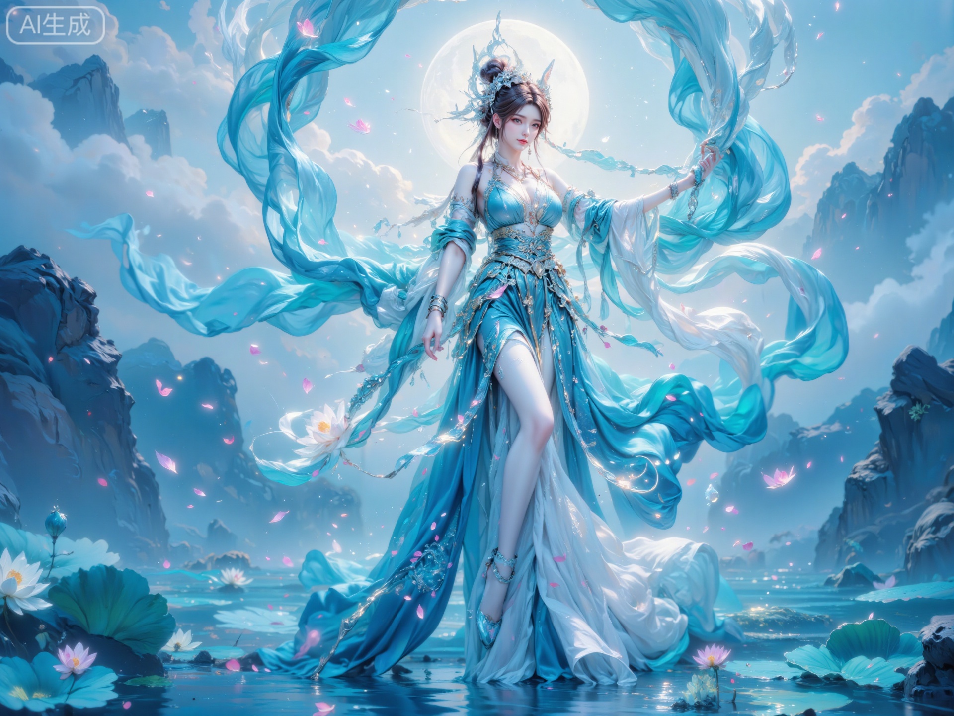 GCCA,GCCA,A celestial fox-spirit in ancient Eastern attire: sharp fox-like slanted eyes (iridescent amber), soft arched brows, and silver-streaked ebony fur-tipped hair twisted into a sleek headdress of obsidian and moonstone, strung with dangling crystal tassels. She wears a flowing cyan-and-ivory silk robe, embroidered with iridescent water lily patterns, its hem rippling like moonlit water; a pearl-fringed sash wraps her waist, and jade bangles carved with cloud motifs cling to her wrists.
She floats above a pool of glowing cyan lotus pads, as semi-transparent silk scarves (cyan and pearlescent white) twist around her—their edges shimmering with faint starlight—while water lily petals drift from her gown and the swirling fabric. Behind her, misty silver-clouded peaks merge with a pale moonlit sky.
Style: Hyper-detailed digital fantasy art, soft moonlit lighting, cool yet luminous cyan + ivory palette, silky fabric sheen, sheer scarf texture, intricate details (fur strands, embroidery stitches). Specs: 8K, cinematic lighting, depth of field, Eastern mythic aesthetic, noise-free, ultra-fine textures.