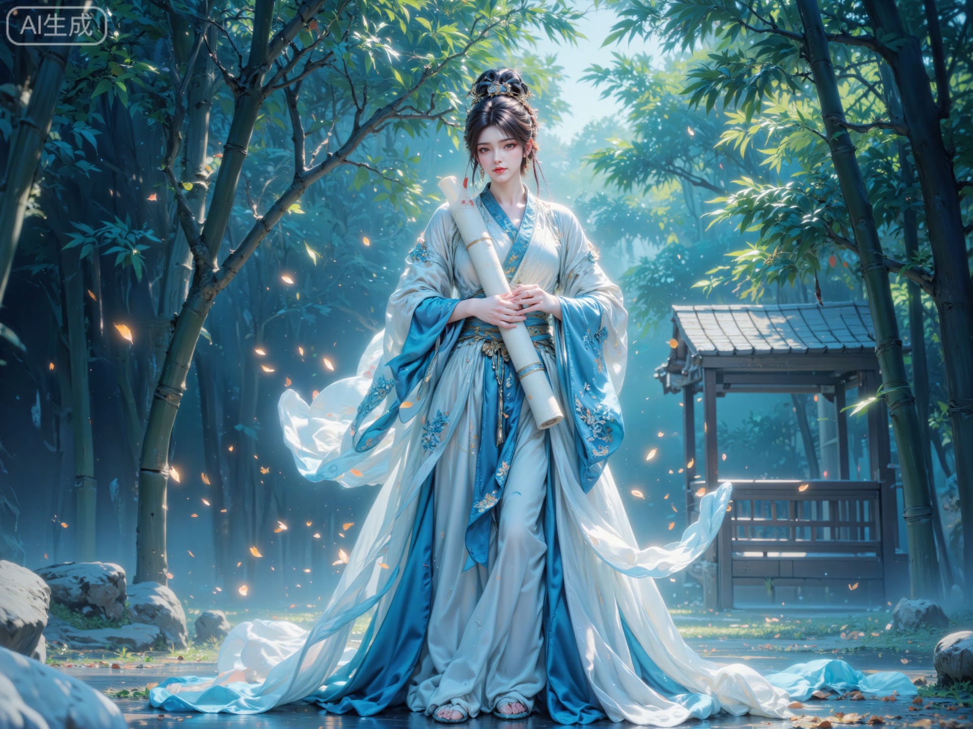 GCCA,A refined ancient Chinese scholar, with a gentle and intelligent countenance, sporting a neatly - combed black hair in a traditional topknot, fastened with a simple yet elegant wooden hairpin. He dons a long, light - blue silk robe with delicate bamboo - leaf embroidery in darker blue hues, the fabric flowing gracefully. The robe has a slightly loose fit, with wide sleeves, and around his waist is a thin, white sash. His hands are clasped in front of him, holding a rolled - up scroll.
Surrounded by a bamboo grove filled with swaying bamboo stalks, a gentle breeze causes a flurry of fallen bamboo leaves to swirl around him. The sunlight filters through the bamboo leaves, creating a dappled pattern on the ground. In the distance, a small, rustic pavilion can be seen.
The overall style features soft, diffused sunlight similar to that of a peaceful afternoon. The color scheme is dominated by light and dark blues, with white accents. The sash and the edges of the scroll add a touch of white. The style of rendering is in an ultra - realistic oil - painting style. The image is set to be in 4K resolution, adhering to the aesthetics of traditional Chinese literati paintings