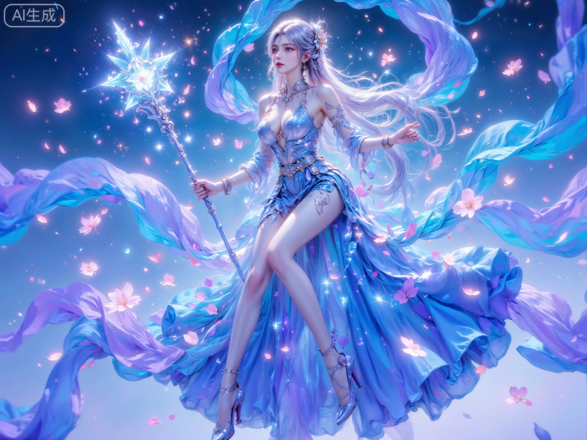 GCCA,A futuristic interstellar fairy with long iridescent silver-blue hair (adorned with glowing star-shaped ornaments), wearing a sleek cyber-fantasy gown (main colors: light blue + lavender, with luminous circuit patterns, transparent tulle sleeves, metal waist accessories), holding a glowing crystal scepter (embedded with star fragments), floating in a relaxed leaning pose, glowing light spots on the skin, sharp and elegant sci-fi facial features, hyper-detailed texture (luminous fabric, cold metal sheen)
Surrounded by large swirling translucent silk ribbons (light blue and lavender, flowing dynamically), floating pink flower petals, soft light background (pale sky gradient), ethereal and dreamy atmosphere, 8K ultra-realistic rendering, vibrant pastel color palette (dominated by blue/purple/pink), fantasy aesthetic
