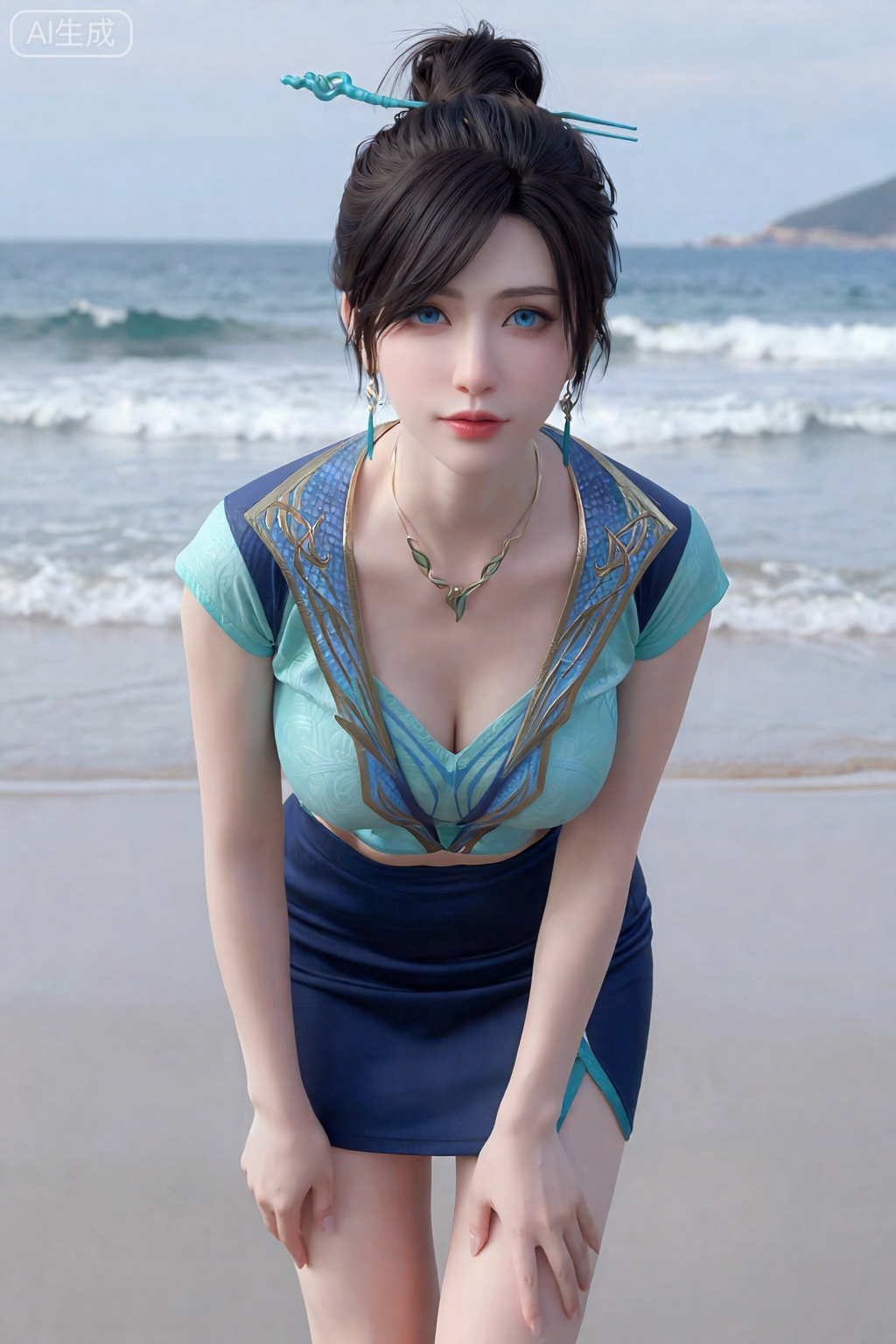 真人摄影照片,真人皮肤,一名皮肤白皙、头发乌黑的女性,盘起精致的高髻,发饰, 蓝色眼睛。,青鳞,
美颜,16岁少女皮肤,去AI 感,极具视觉冲击力精致壁纸风,,完美身材（纤细四肢+ 紧致腰线）,站姿在海边,,身体微前倾直视镜头,背景海边,镜头参数：Nikon Z6 II,f/1.6,50mm 定焦,ISO 100,1/400s 快门,自然光, 短上衣短裙