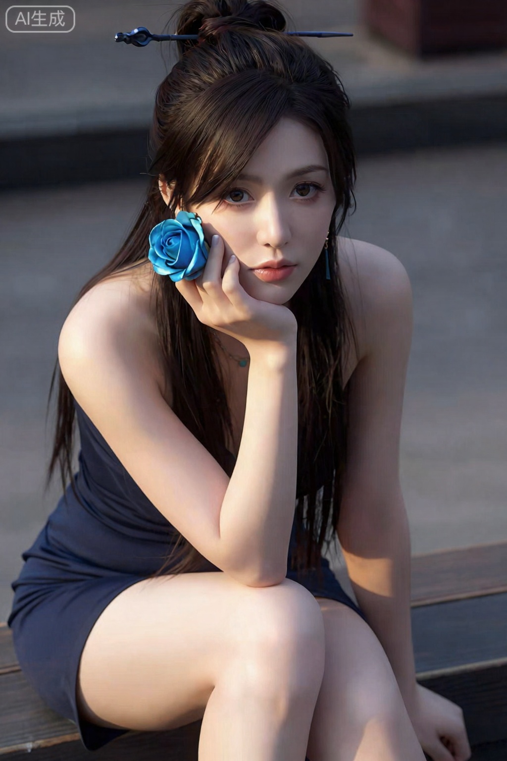 真人摄影照片,一名皮肤白皙、头发乌黑的女性,盘起精致的高髻, , 。,青鳞,
超现实温暖的电影全身拍摄摄影,柯达专业波特拉160,1个女孩,looking_at_viewer,,大长腿,逼真,,照片姿势,动态姿势,,  ,良好解剖结构,真人肌肤纹理, 4K画质,完美身材, 这张照片描绘了一位年轻女子坐在木凳上,手里拿着一朵蓝玫瑰。 她穿着一件无肩带连衣裙,一头长而直的黑发,垂落在肩上。。 她的皮肤白皙,眼睛是深棕色的。她用右手把花举到脸上,左臂放在身边。 图像的背景是模糊的,但它似乎是一个户外环境,可能是一个公园或花园,在阳光明媚的日子里。 这张照片的气氛浪漫而亲密,暗示着这个女人可能在庆祝一个特殊的时刻,或者只是在享受一个安静的时刻。 
