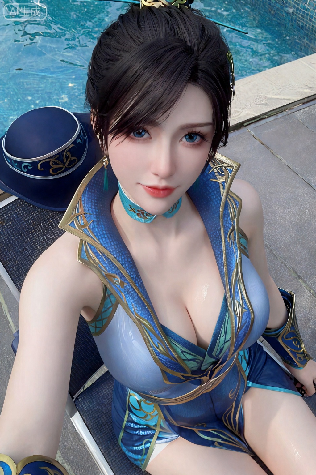 一名皮肤白皙、头发乌黑的女性,盘起精致的高髻,穿着蓝色和金色的低领铠甲套装,露出丰沛的乳沟。 。,青鳞,泳池边躺椅自拍：俯身举手机,露腰亮面吊带短上衣配亮片短裙,湿痕勾勒腰肢曲线,露修长美腿,遮阳帽置于一旁,皮肤雪白细腻水润如瓷,无AI 合成痕迹,巨大胸部轮廓分明,职业微笑温柔勾人,眼神妖艳妩媚直视镜头,泳池波光,衣料亮面反光,锁骨阴影细节清晰,夏日阳光氛围感拉满,自拍视角视觉冲击强烈,性感时尚又清爽,