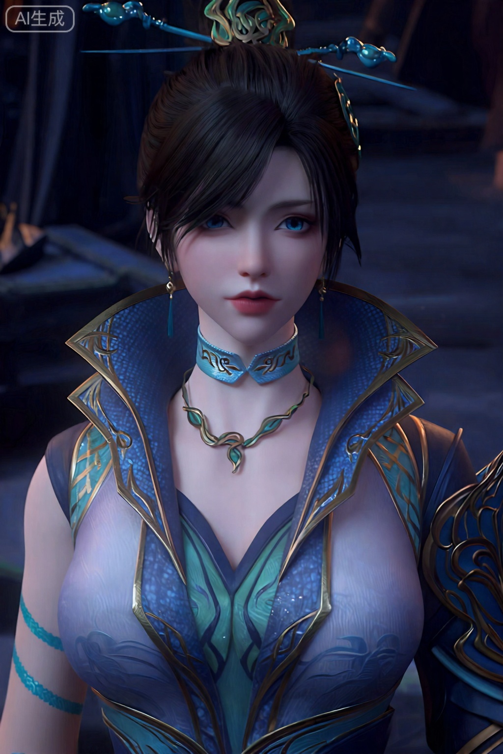 一名皮肤白皙、头发乌黑的女性,盘起精致的高髻,穿着蓝色和金色的低领铠甲套装,露出丰沛的乳沟。她有一张精致的脸,蓝色的眼睛,表情严肃。背景是一间光线昏暗的中世纪风格的房间,配有石墙和木制家具。该图像是高质量的CGI,具有详细的纹理和灯光,突出了盔甲的光泽和织物的柔软度。女子的姿势自信而从容,强调她坚强而女性化的体格。,青鳞