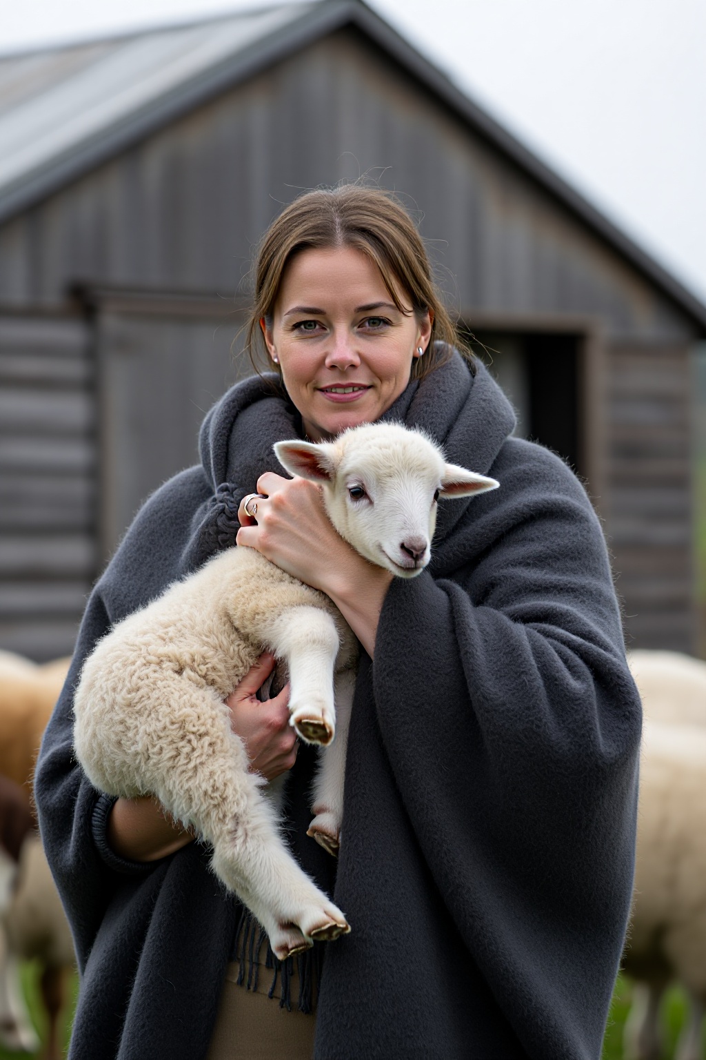 A medium-length portrait of a woman in a heavy,  dark-grey wool shawl holding a small lamb with thick,  curly white fleece...