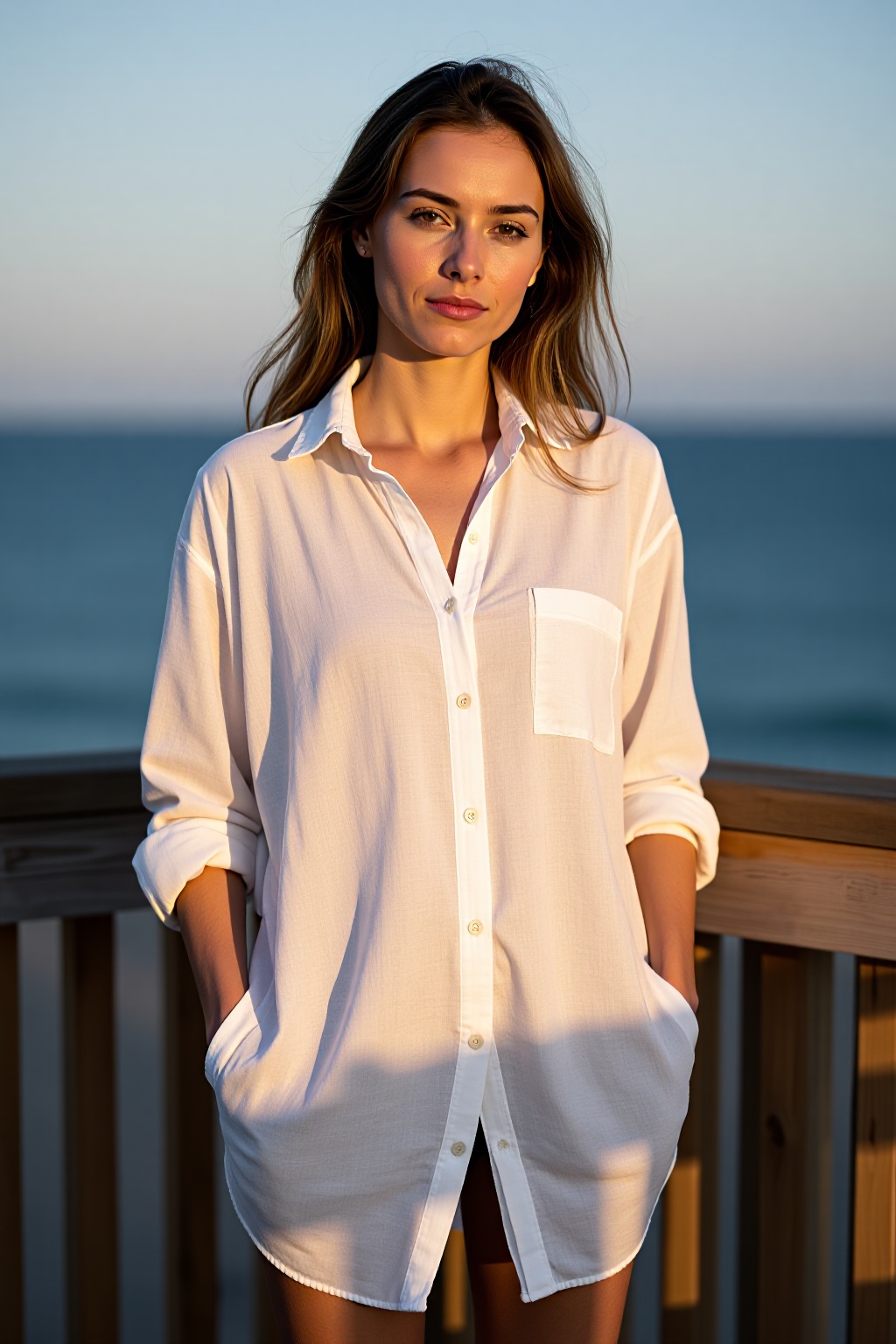 A high-resolution outdoor portrait of a woman standing on a rustic wooden balcony during the golden hour. She is wearing a...