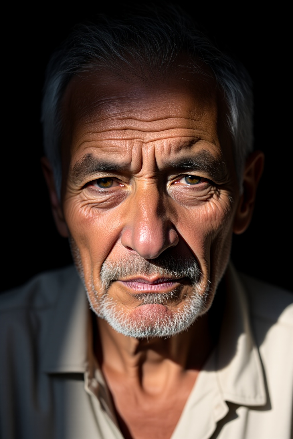 A tight macro portrait of an elderly man with a weathered face and graying stubble. The lighting is harsh and directional...