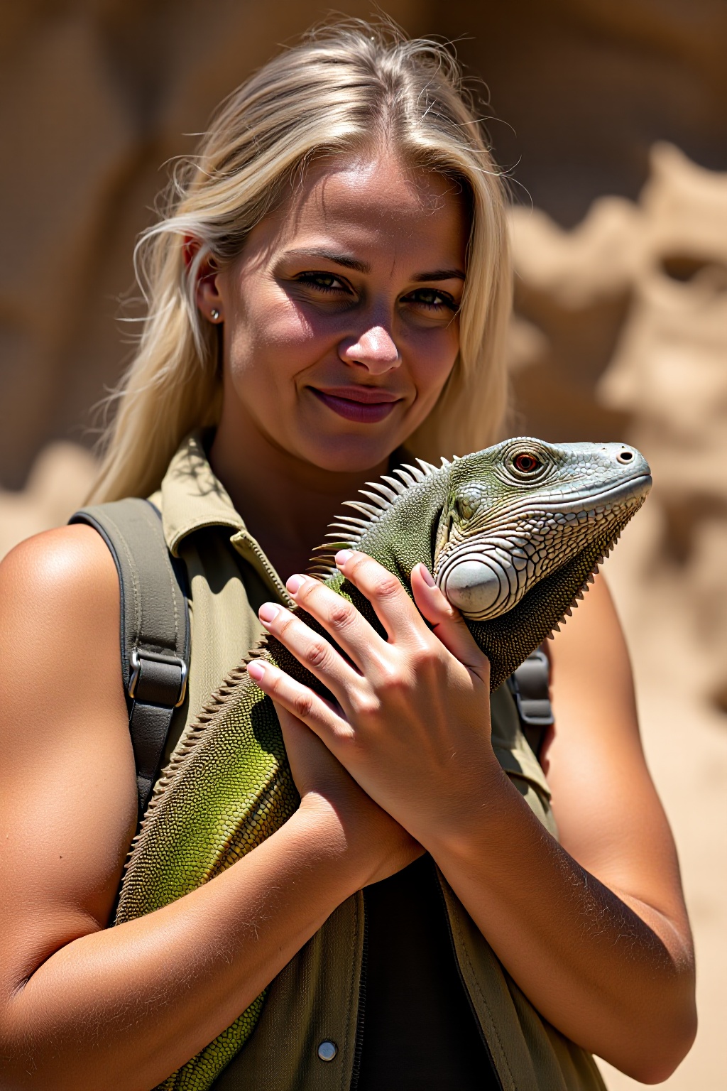A close-up photograph of an blonde women explorer with a tanned,  weathered face holding a large green iguana. The harsh,...