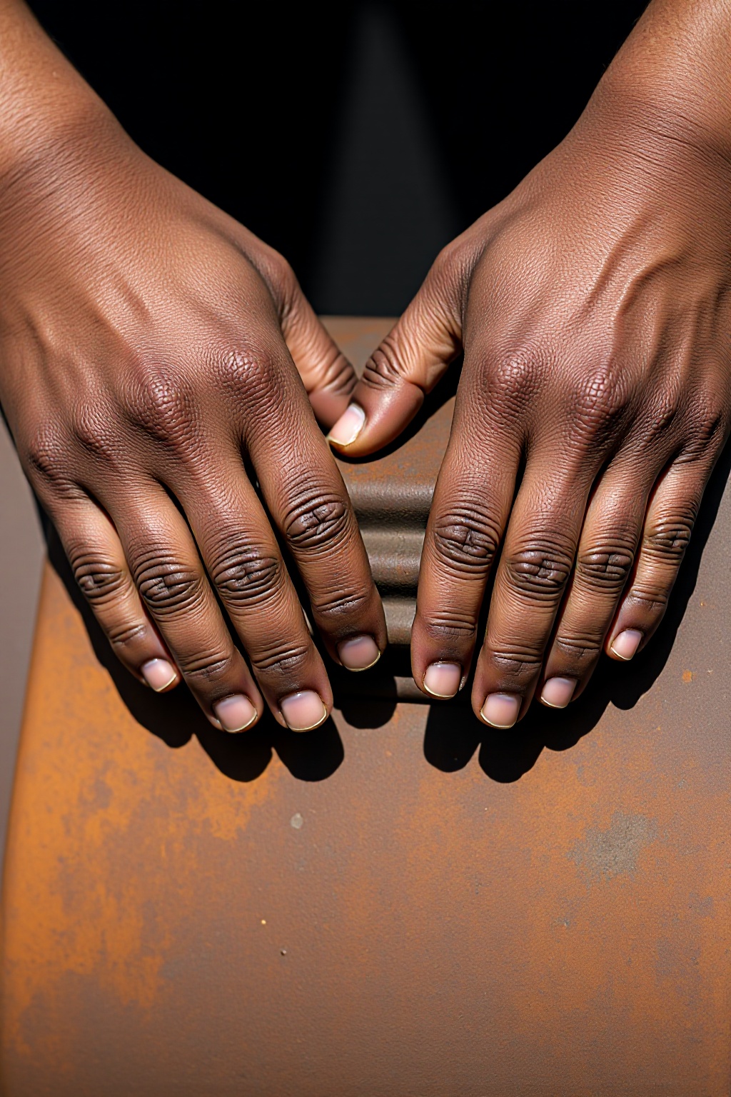 A macro shot of a pair of hands working on a heavily rusted iron engine block. The skin on the hands is stained with oil a...