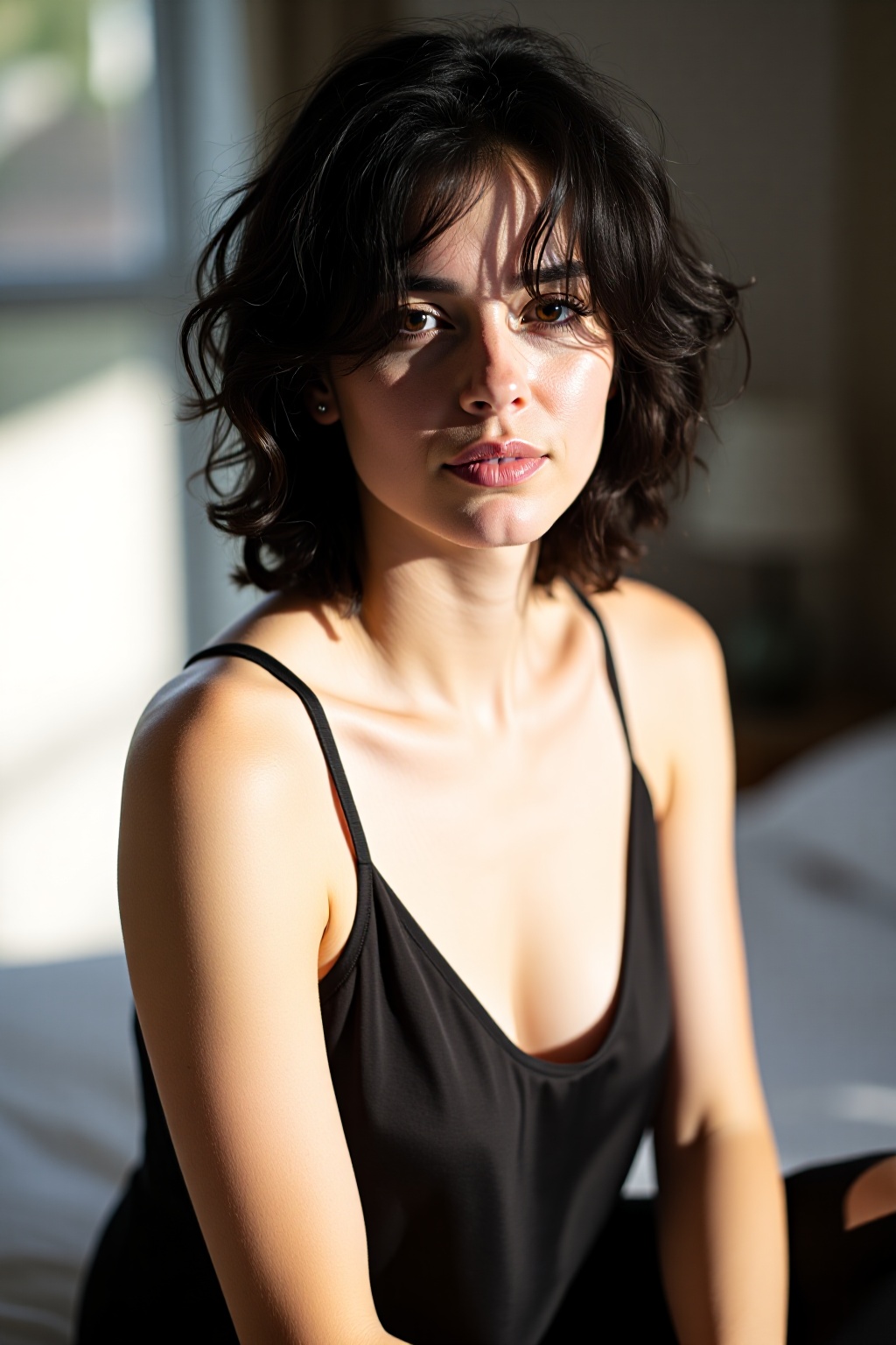 "A raw,  candid indoor photograph of a woman with natural unedited skin,  wearing a delicate black silk slip dress. She is...