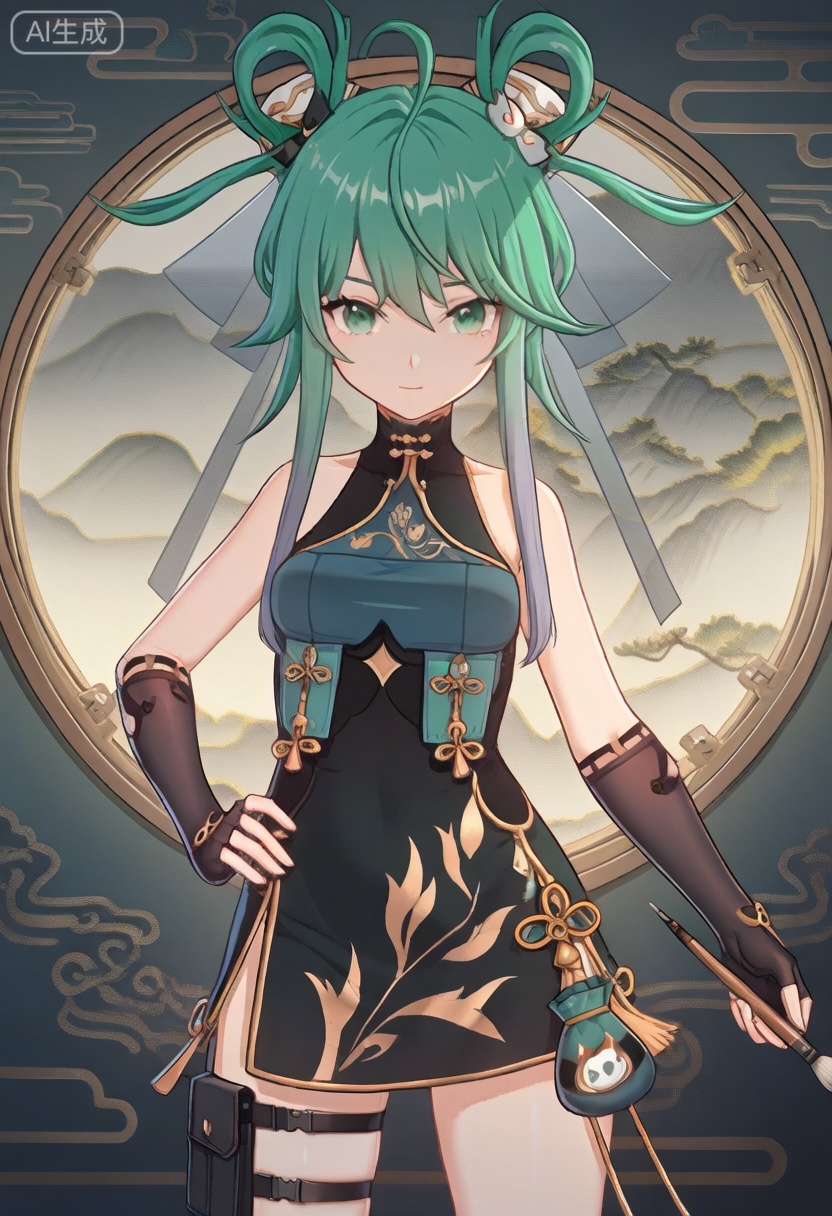 1girl, solo, green hair, green eyes, looking at viewer, gloves,  holding, chinese clothes, dress, hand on hip, hair ornament, fingerless gloves, thigh strap


(masterpiece:1.2), best quality, masterpiece, highres, original,ultra-detailed, illustration,extremely detailed wallpaper, perfect lighting,(extremely detailed CG:1.2), drawing, paintbrush,mimiXF