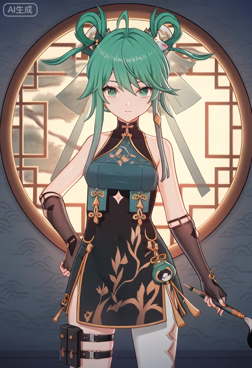 1girl, solo, green hair, green eyes, looking at viewer, gloves,  holding, chinese clothes, dress, hand on hip, hair ornament, fingerless gloves, thigh strap


(masterpiece:1.2), best quality, masterpiece, highres, original,ultra-detailed, illustration,extremely detailed wallpaper, perfect lighting,(extremely detailed CG:1.2), drawing, paintbrush,mimiXF