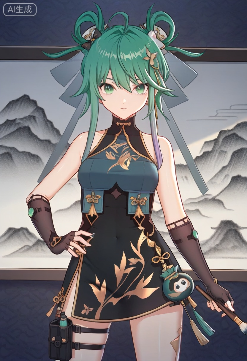 1girl, solo, green hair, green eyes, looking at viewer, gloves,  holding, chinese clothes, dress, hand on hip, hair ornament, fingerless gloves, thigh strap


(masterpiece:1.2), best quality, masterpiece, highres, original,ultra-detailed, illustration,extremely detailed wallpaper, perfect lighting,(extremely detailed CG:1.2), drawing, paintbrush,mimiXF