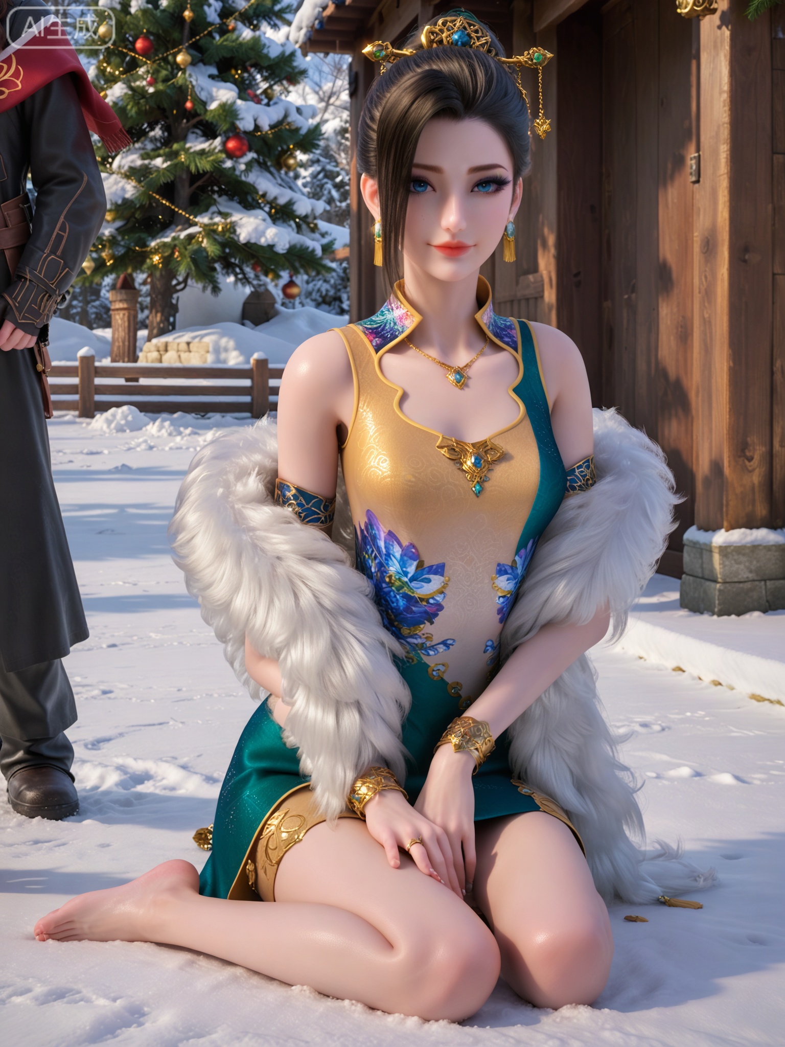 score_9,score_8_up,score_7_up,masterpiece,(best quality),(intricate details:0.9) BREAK (intricate details:0.9),(realistic skin:1.2),masterpiece,best quality,newest,absurdres,hiahres,1girl,jewelry,hair ornament,dress,necklace,lips,eyeshadow,bracelet,tassel,(8k ultra-clear, pony style),photo pose 0.6, micro-expression: soft smile 0.3, half-body + medium shot 0.7,1girl,looking_at_viewer,1boy,hair,realistic,photorealistic,Vivid Colors,bright environment,shiny skin,shiny hairjewelry,detail eyes,Eyes highlights,glowing,sunshine,bright,reflection,bright,sunshine on face,shiny,shinny,petite,thin,leg slimming,lose weight,slim hips,lakeside,delicate water,reflection,(full body:1.3)sitting_down,eyelashes,snow,Winter,Snowy landscape,Snow accumulation,Christmas tree,