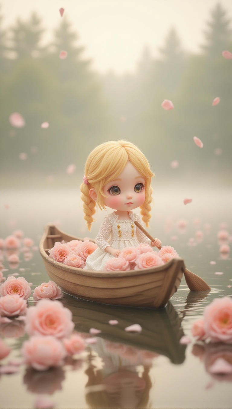 Rowing a Flower-Filled Boat A blonde chibi girl in pigtails wearing an intricate white lace dress with gold buttons. She i...