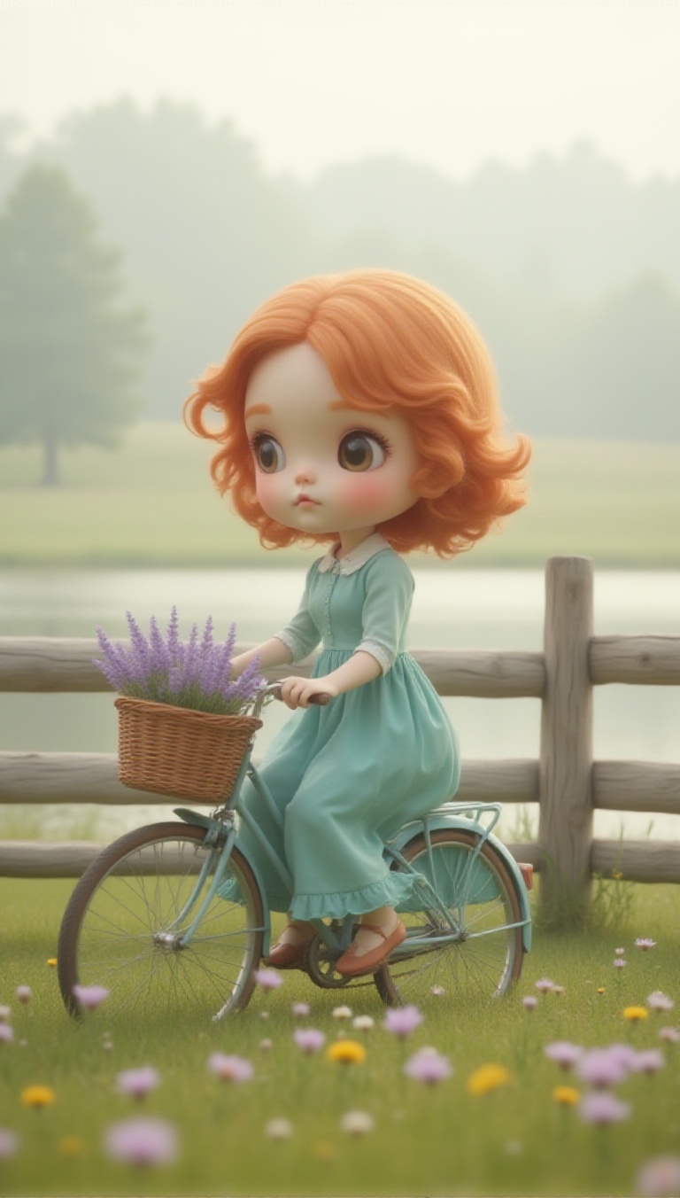 A chibi woman with orange curls wearing a teal blue vintage dress,  riding a bicycle with a wicker basket filled with lave...