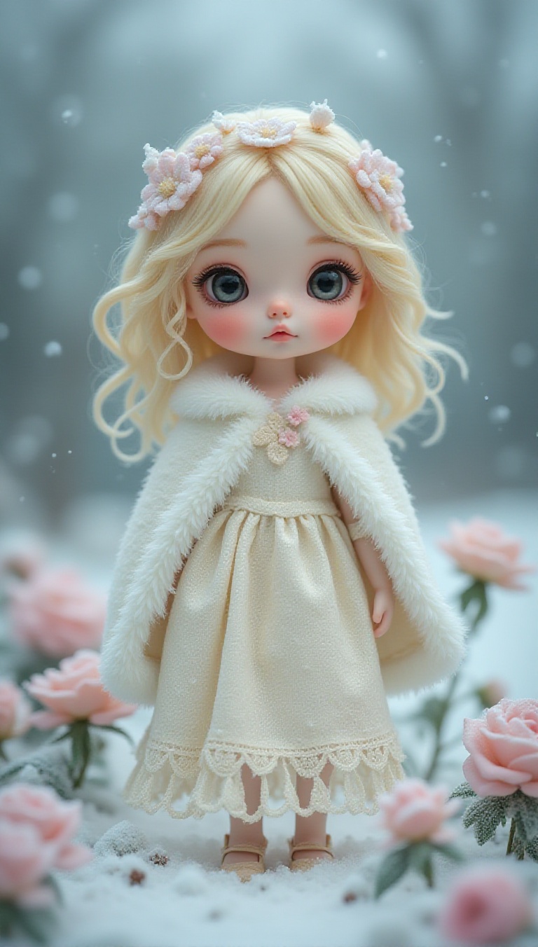 A miniature porcelain girl with blonde hair adorned with frost-covered flowers,  wearing a cream lace dress with a white f...