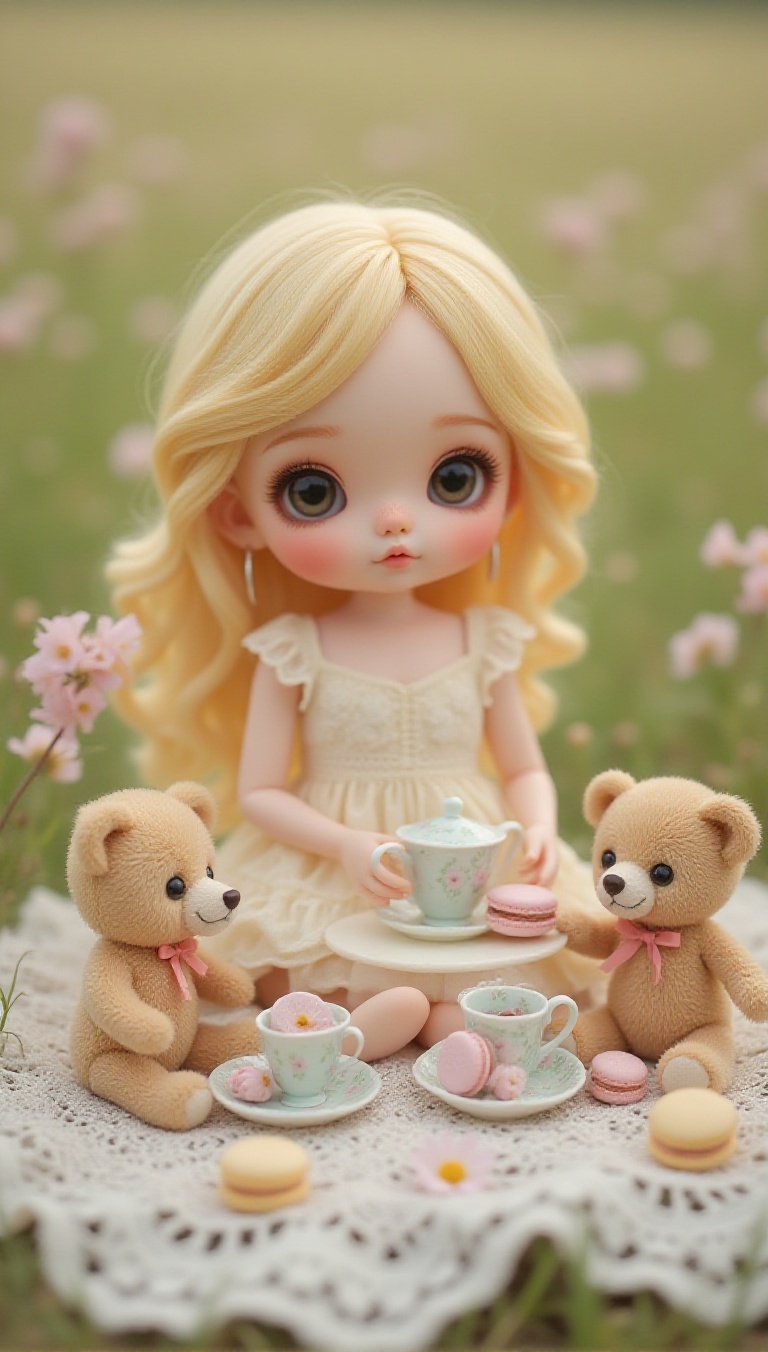 A beautiful blonde doll-style girl having a tea party with vintage teddy bears on a lace blanket,  tiny teacups and macaro...