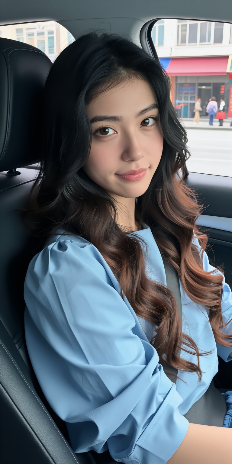Create an image of a young woman sitting in the driver's seat of a car,  looking directly at the camera with a slight smil...