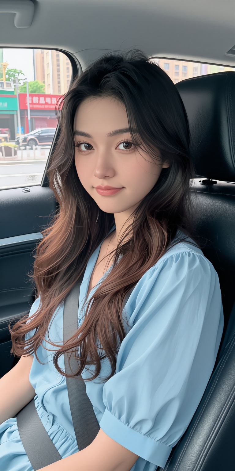 Create an image of a young woman sitting in the driver's seat of a car,  looking directly at the camera with a slight smil...