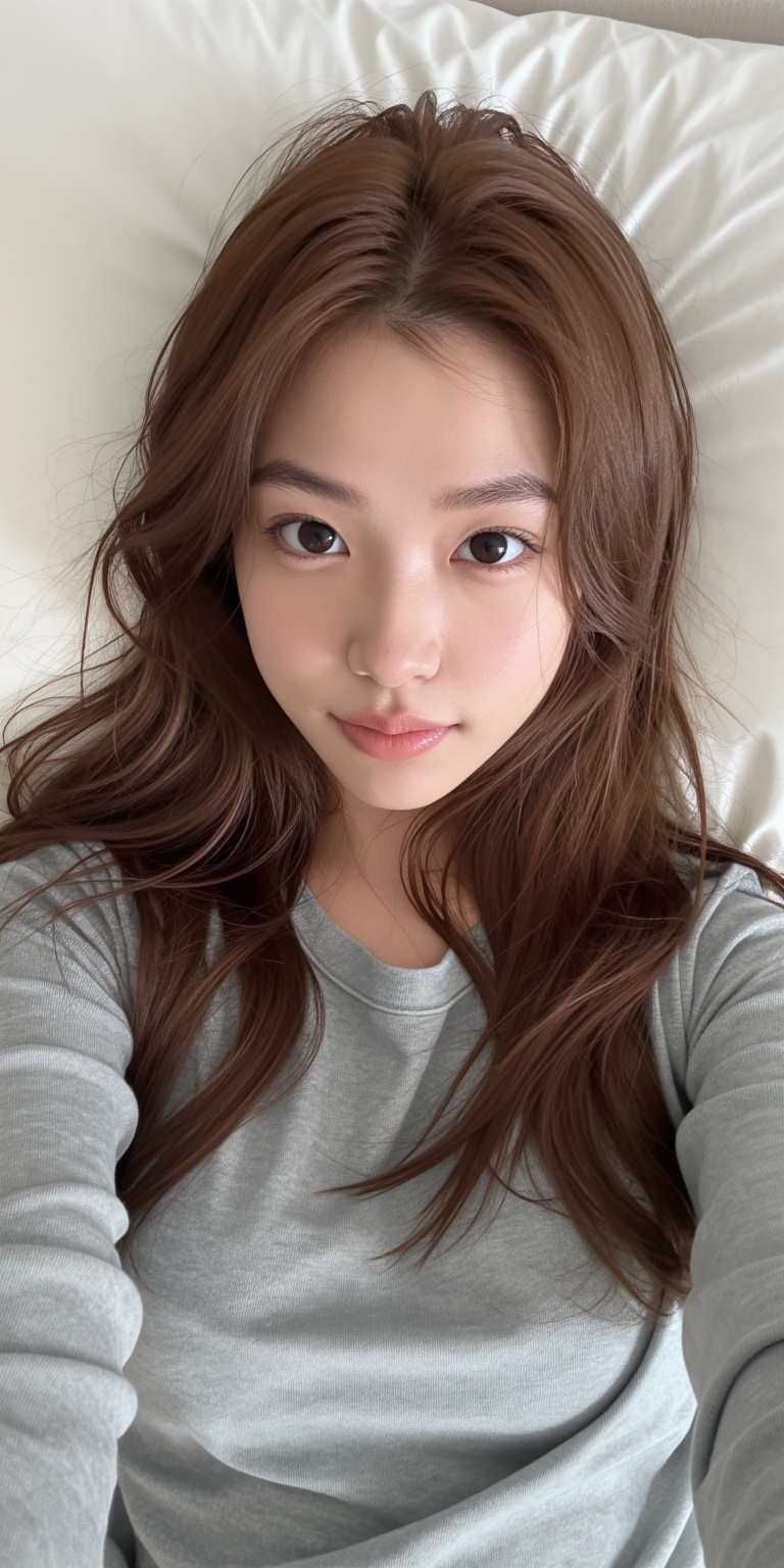 a photo-realistic portrait of a young woman taken from a selfie angle,  looking directly at the camera with a neutral expr...