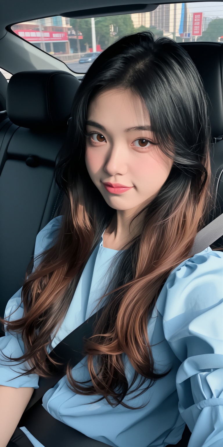 Create an image of a young woman sitting in the driver's seat of a car,  looking directly at the camera with a slight smil...
