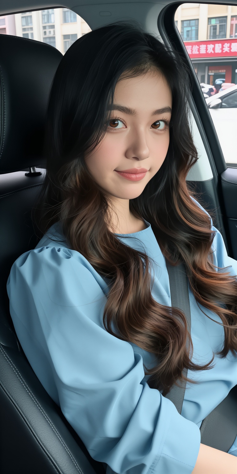 Create an image of a young woman sitting in the driver's seat of a car,  looking directly at the camera with a slight smil...