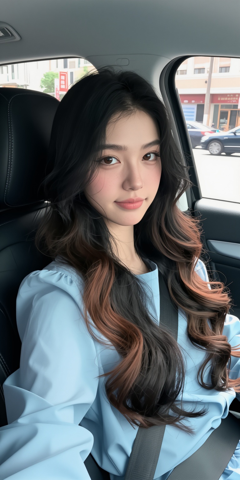 Create an image of a young woman sitting in the driver's seat of a car,  looking directly at the camera with a slight smil...