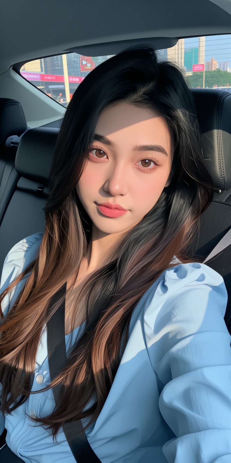 Create an image of a young woman sitting in the driver's seat of a car,  looking directly at the camera with a slight smil...