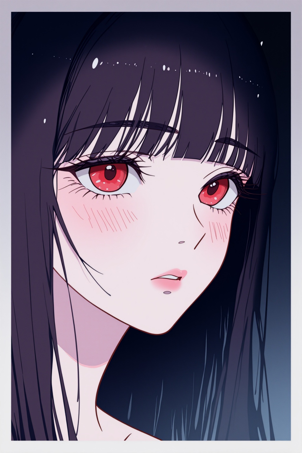 漫画风格的数字插图,  以女性脸部特写为特色。这个女人皮肤苍白,  红色的大眼睛画着浓重的眼线 on Tensor.Art