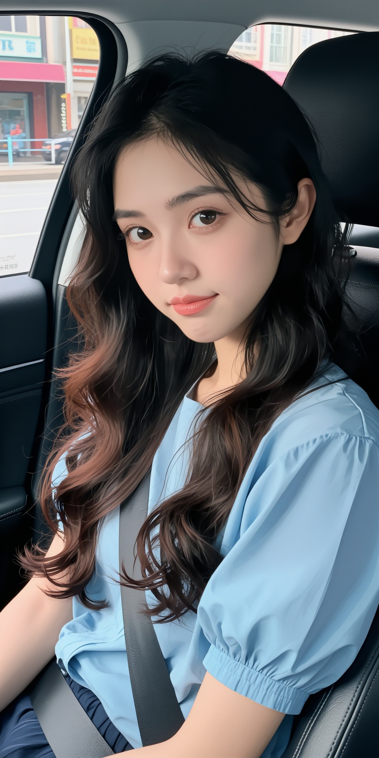 Create an image of a young woman sitting in the driver's seat of a car,  looking directly at the camera with a slight smil...